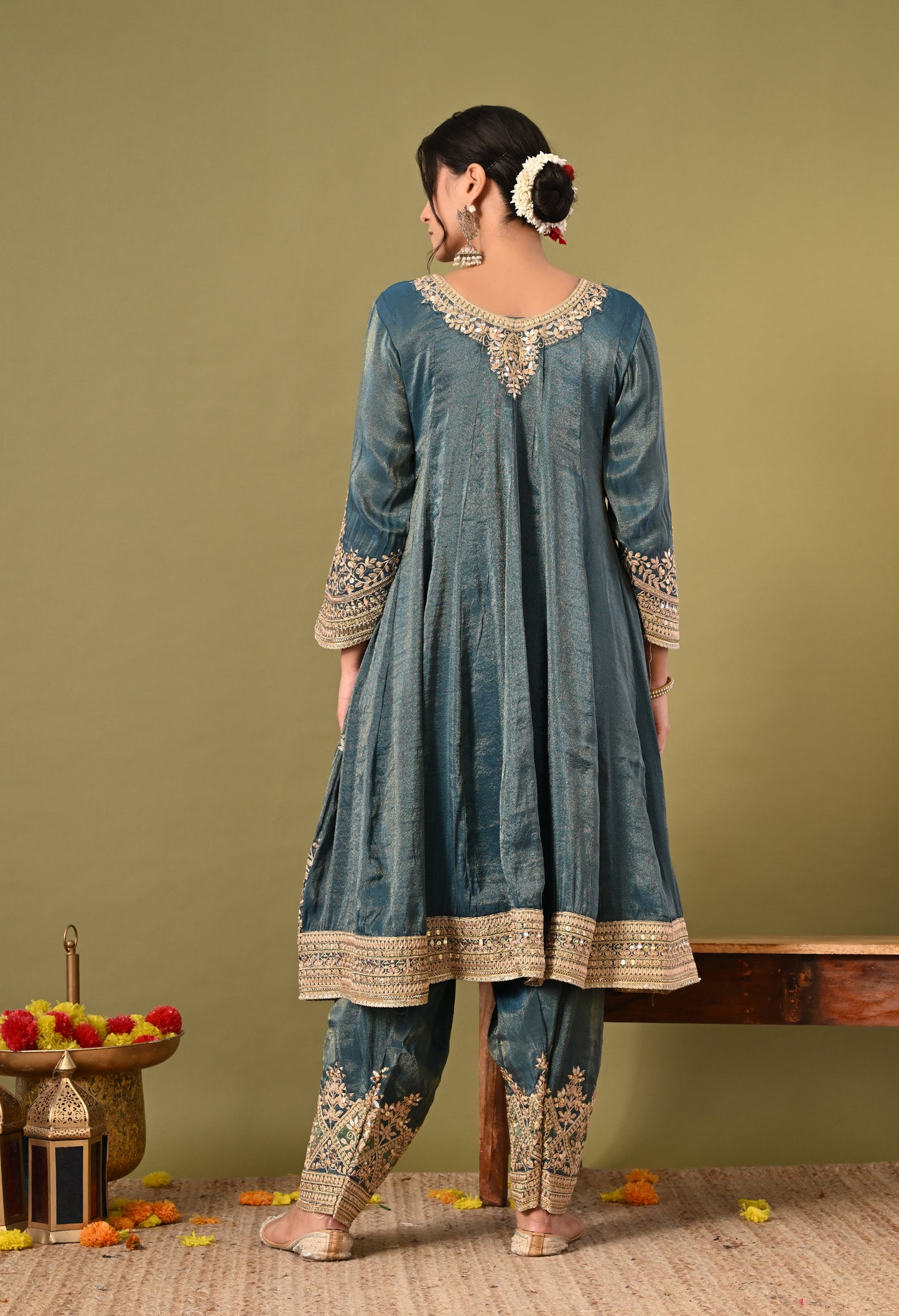 Beautiful Greyish Blue Kurta Set with Zardozi, Mirror, and Crystal Work