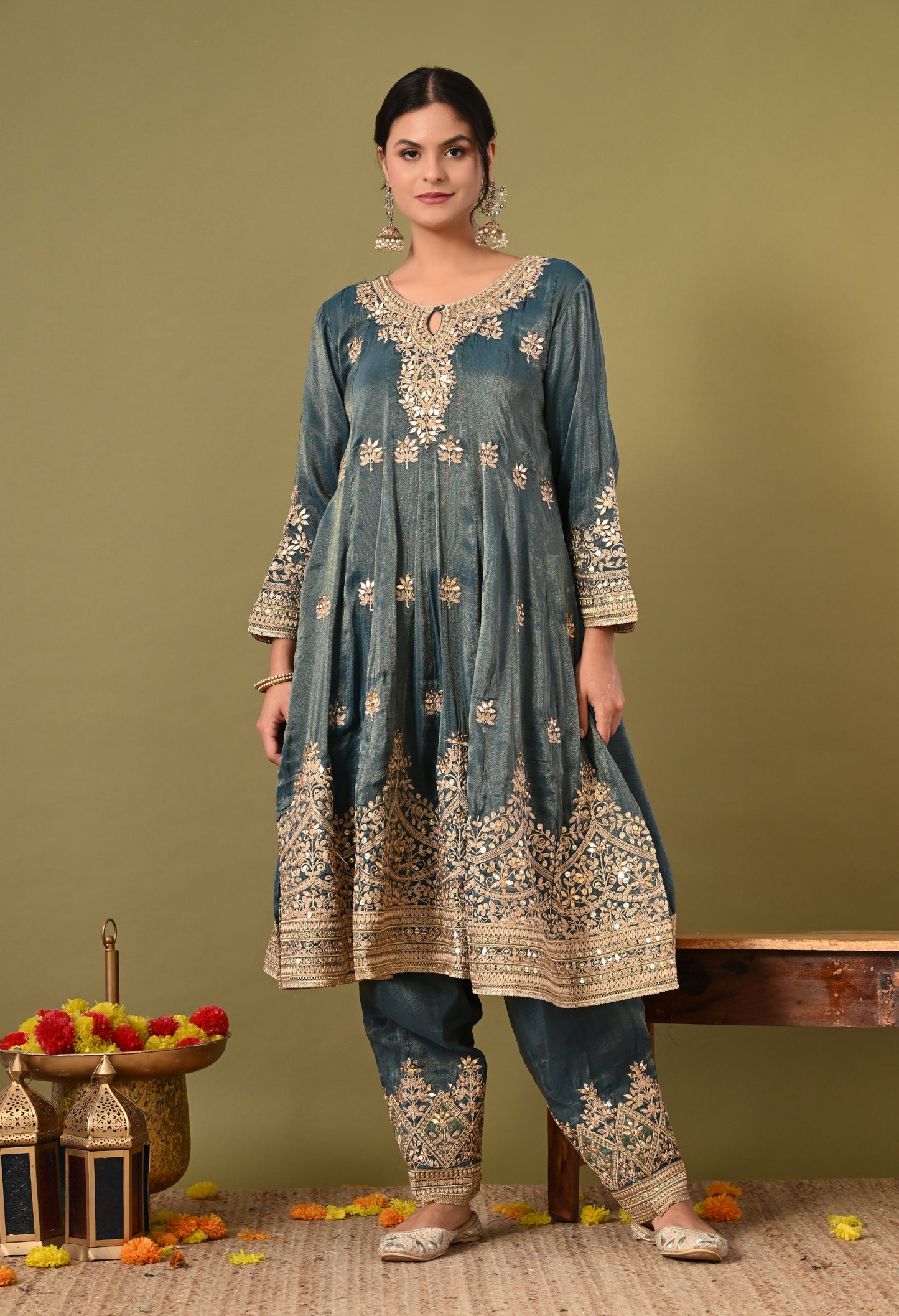 Beautiful Greyish Blue Kurta Set with Zardozi, Mirror, and Crystal Work