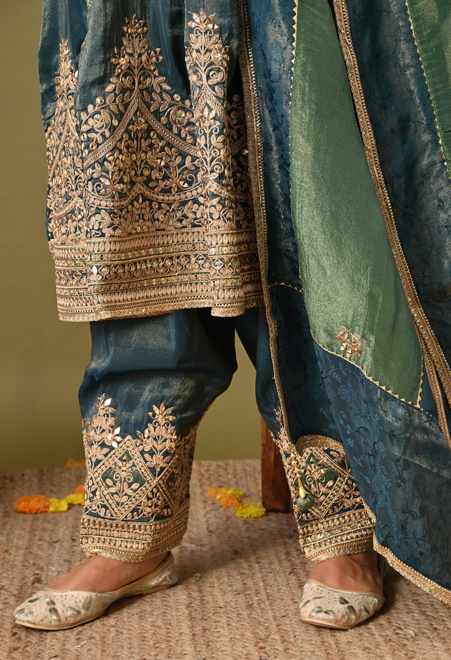 Beautiful Greyish Blue Kurta Set with Zardozi, Mirror, and Crystal Work