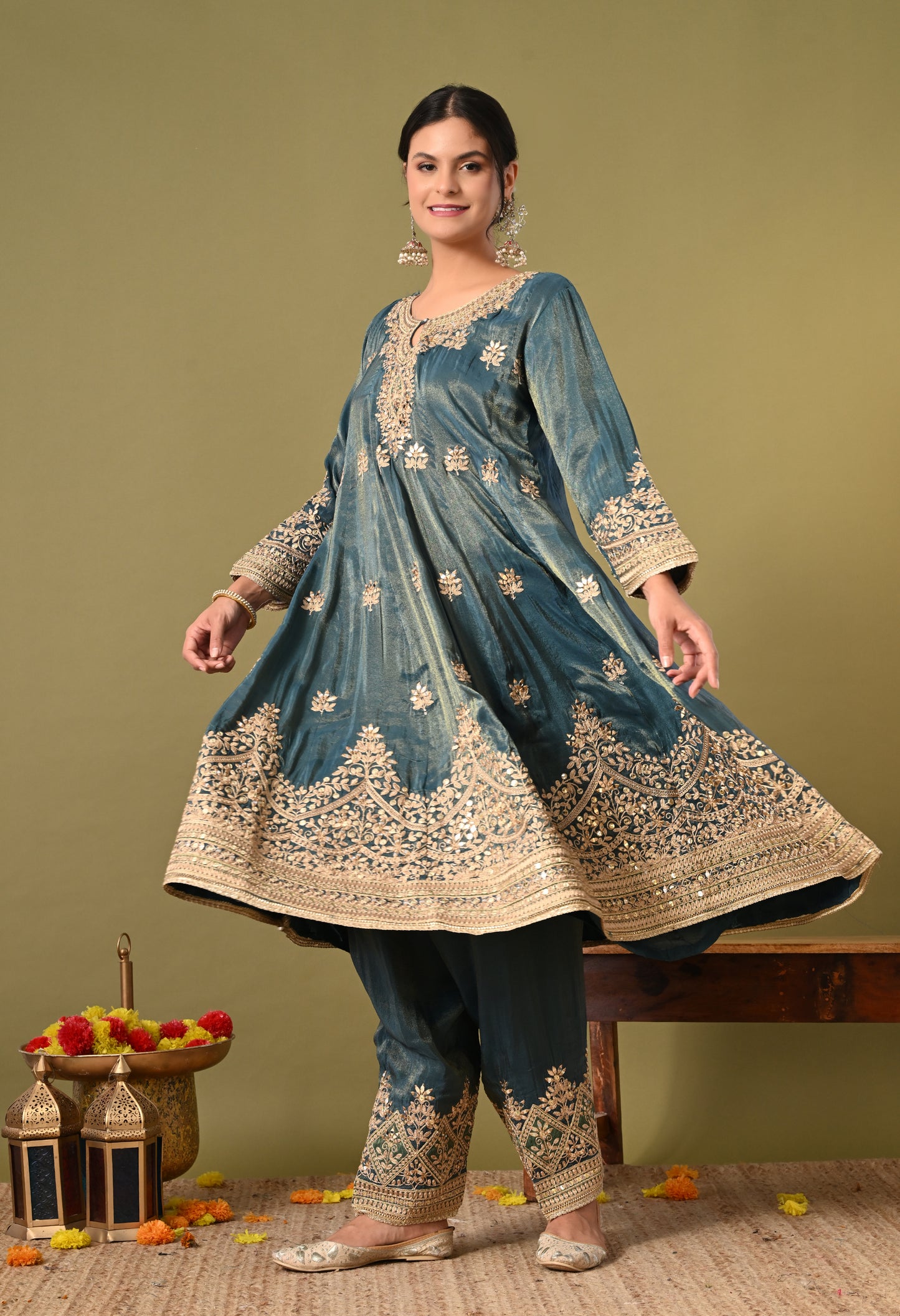 Beautiful Greyish Blue Kurta Set with Zardozi, Mirror, and Crystal Work