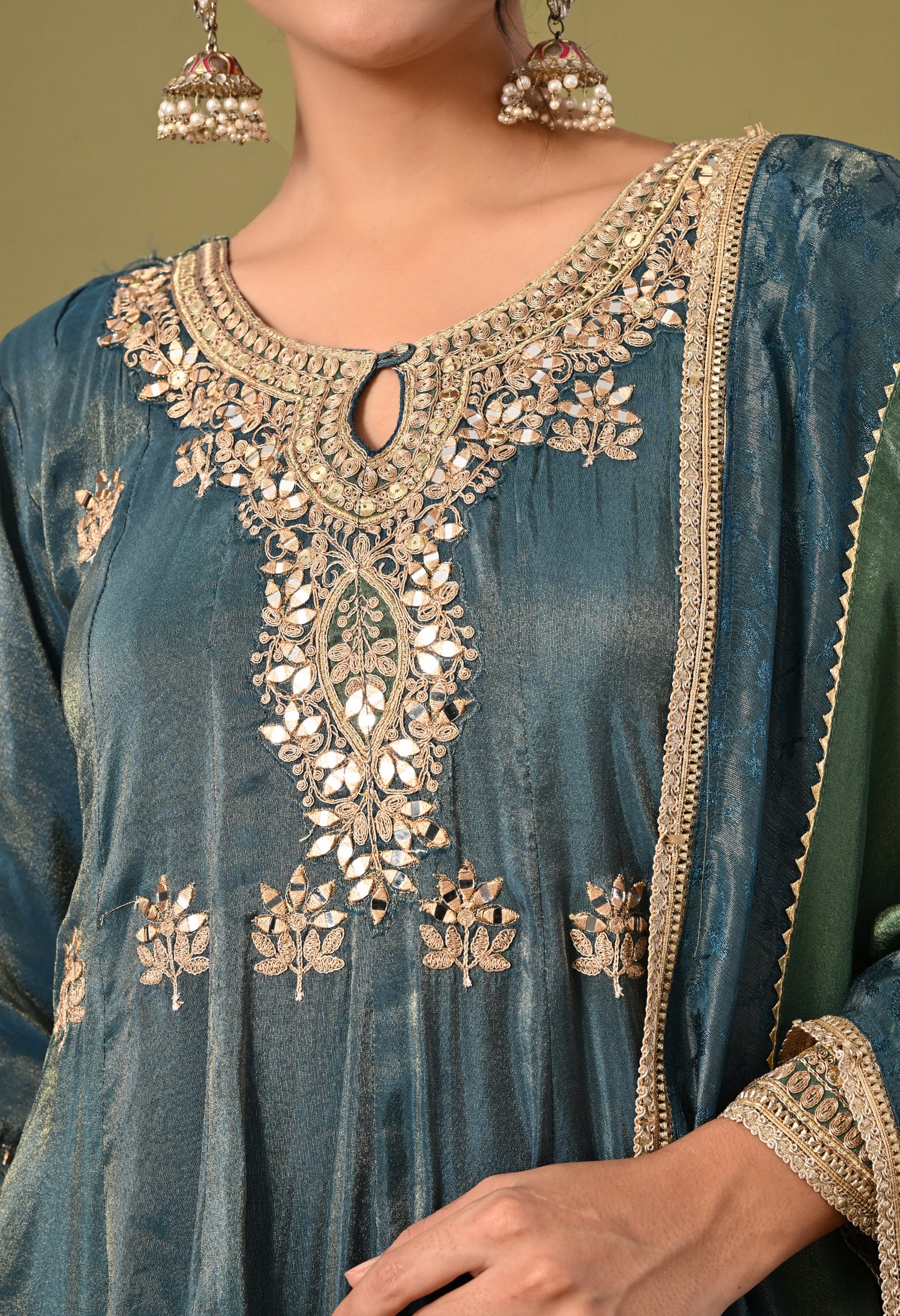 Beautiful Greyish Blue Kurta Set with Zardozi, Mirror, and Crystal Work