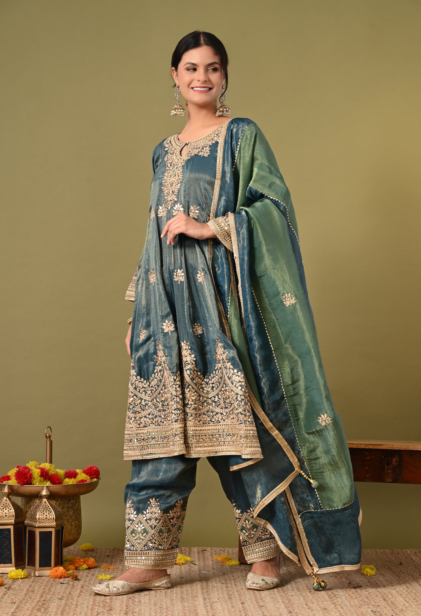 Beautiful Greyish Blue Kurta Set with Zardozi, Mirror, and Crystal Work