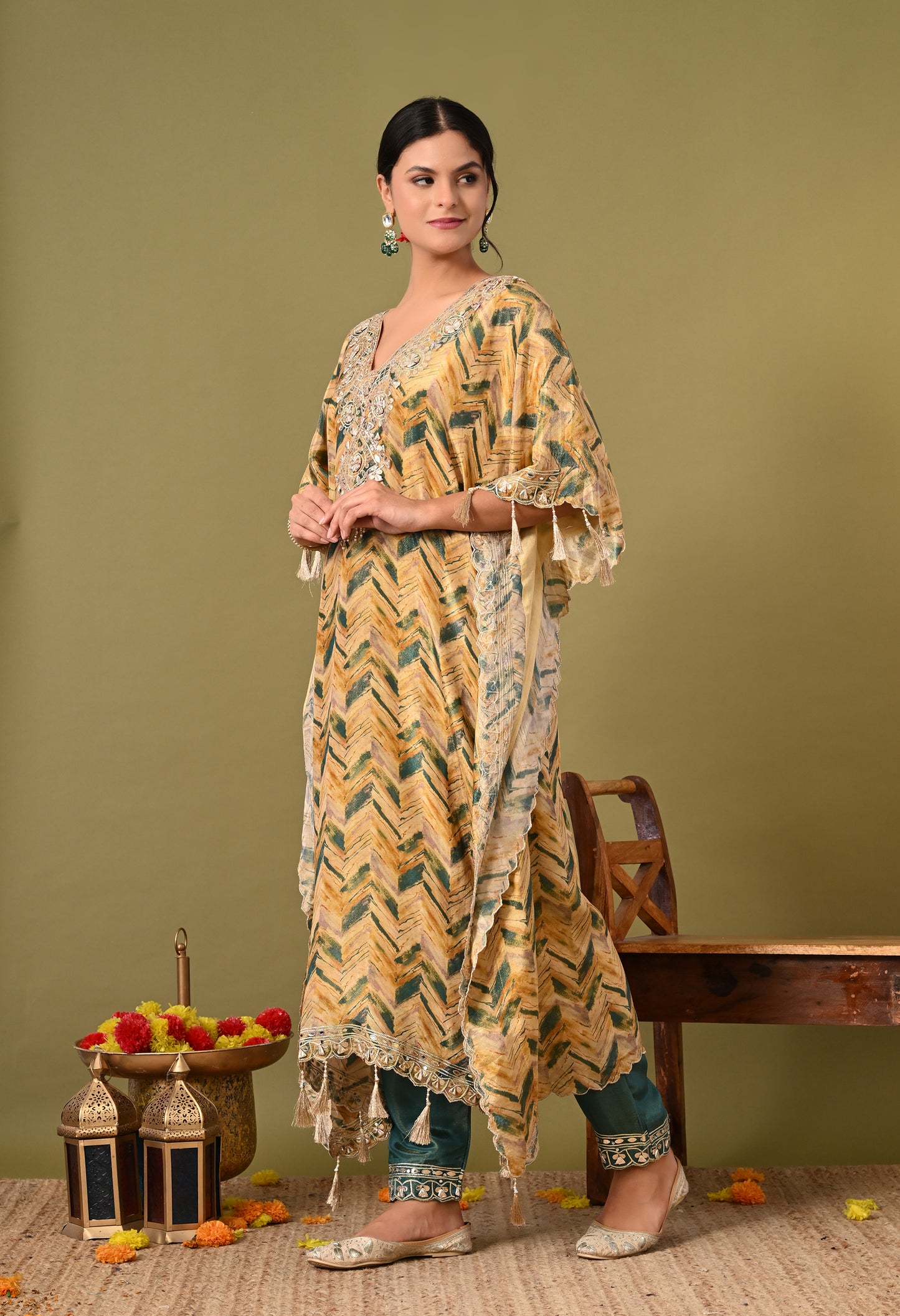 Lavish Yellow and Green Kaftan Set with Gotta, Zardozi, and Mirror Work