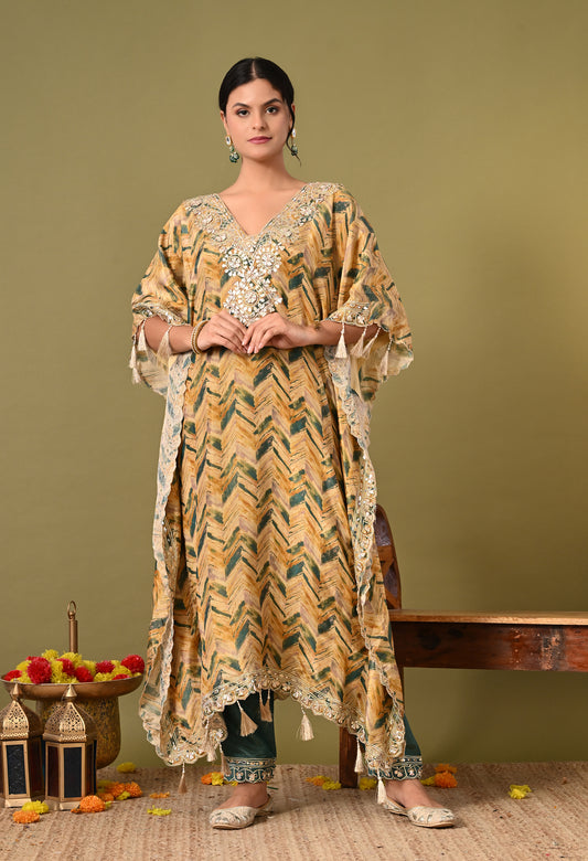 Lavish Yellow and Green Kaftan Set with Gotta, Zardozi, and Mirror Work
