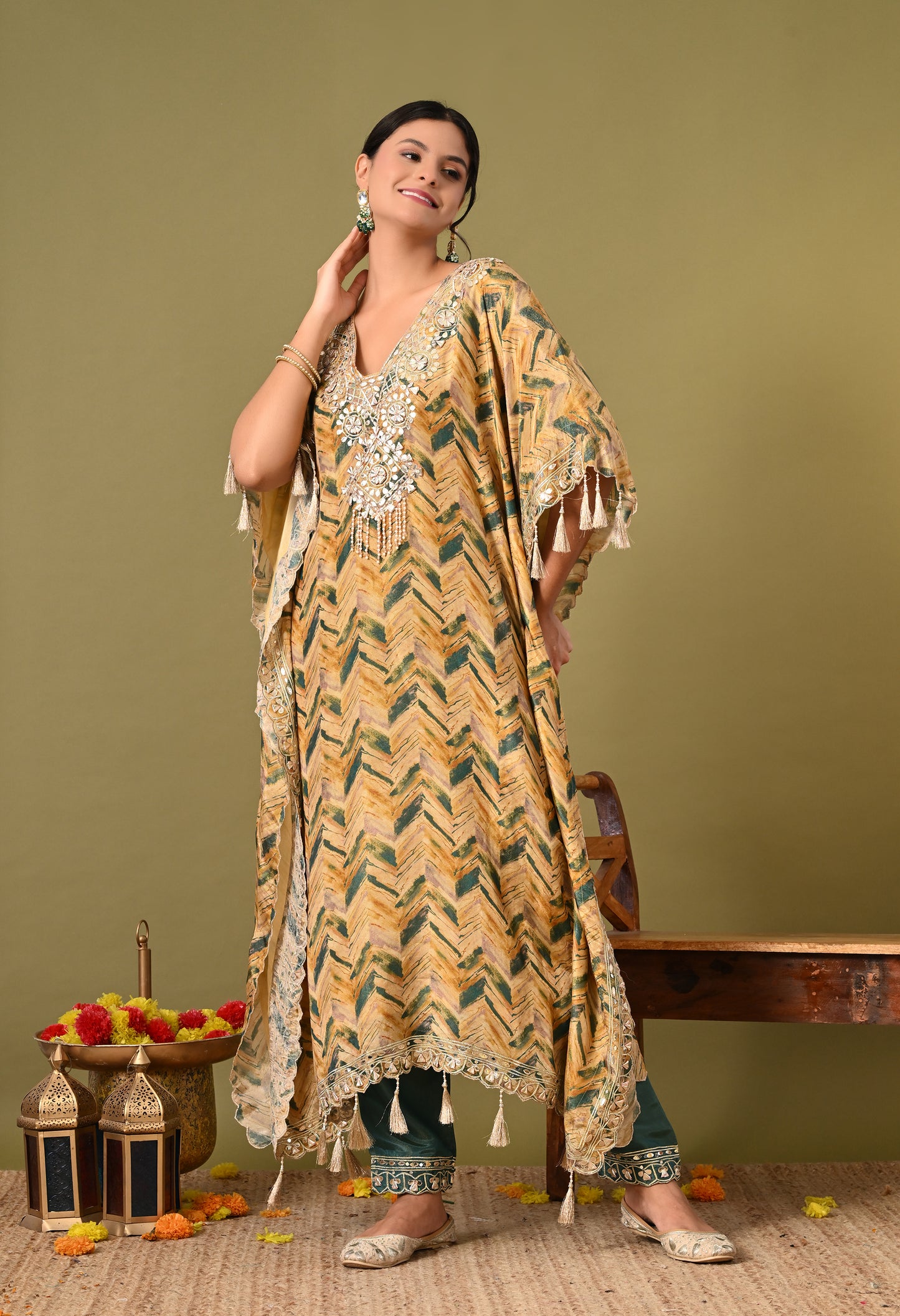 Lavish Yellow and Green Kaftan Set with Gotta, Zardozi, and Mirror Work