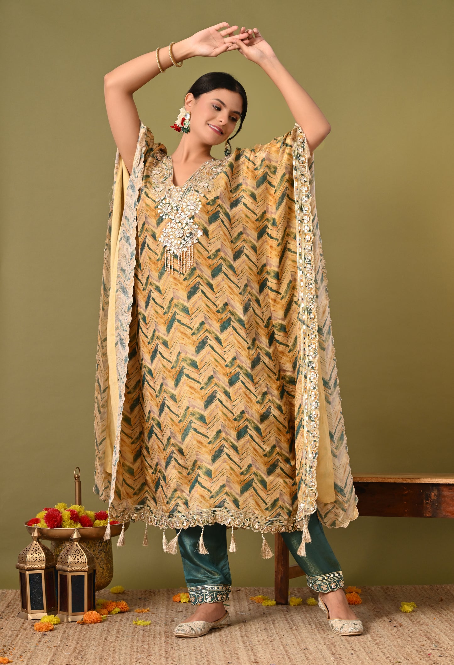 Lavish Yellow and Green Kaftan Set with Gotta, Zardozi, and Mirror Work