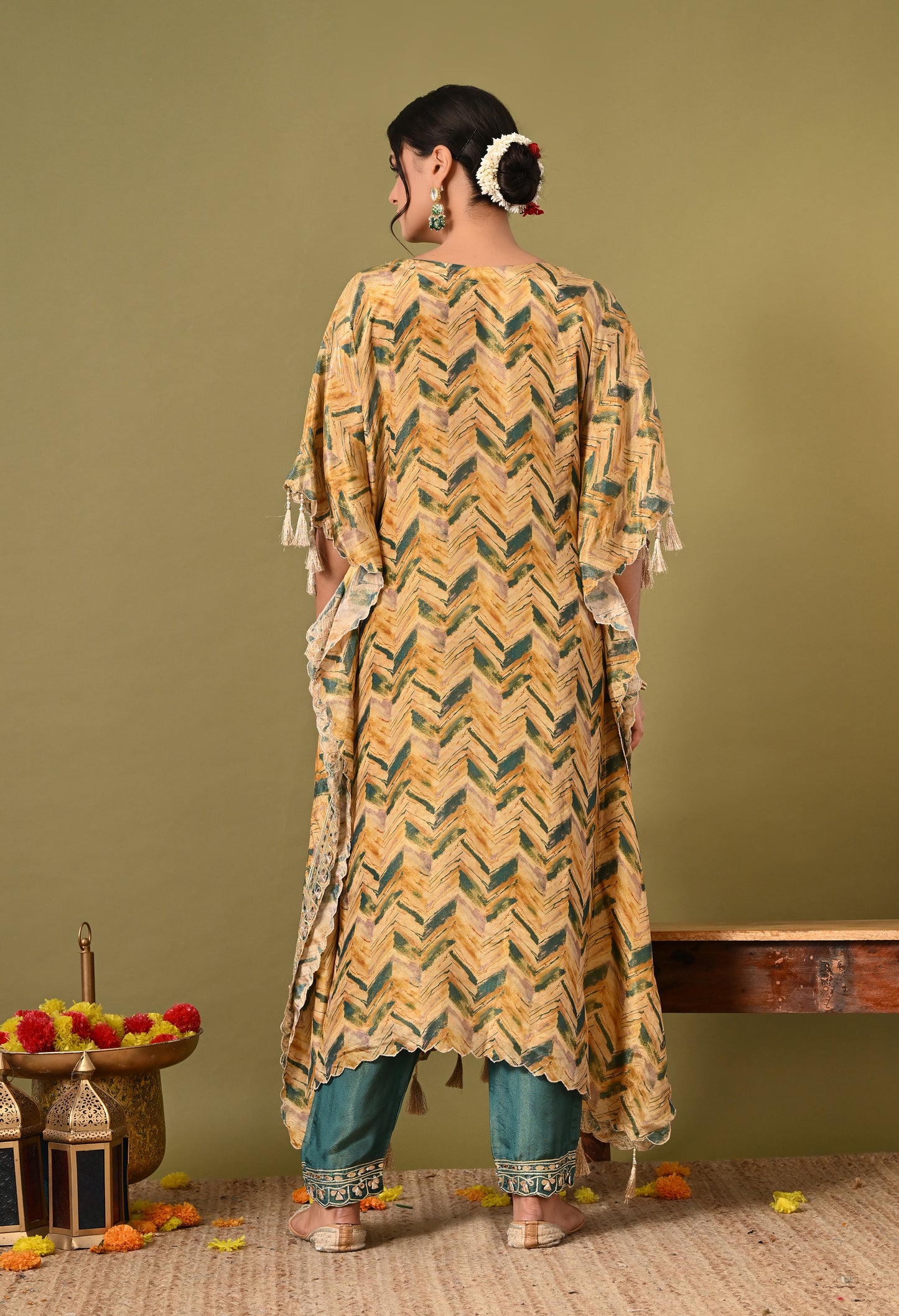 Lavish Yellow and Green Kaftan Set with Gotta, Zardozi, and Mirror Work