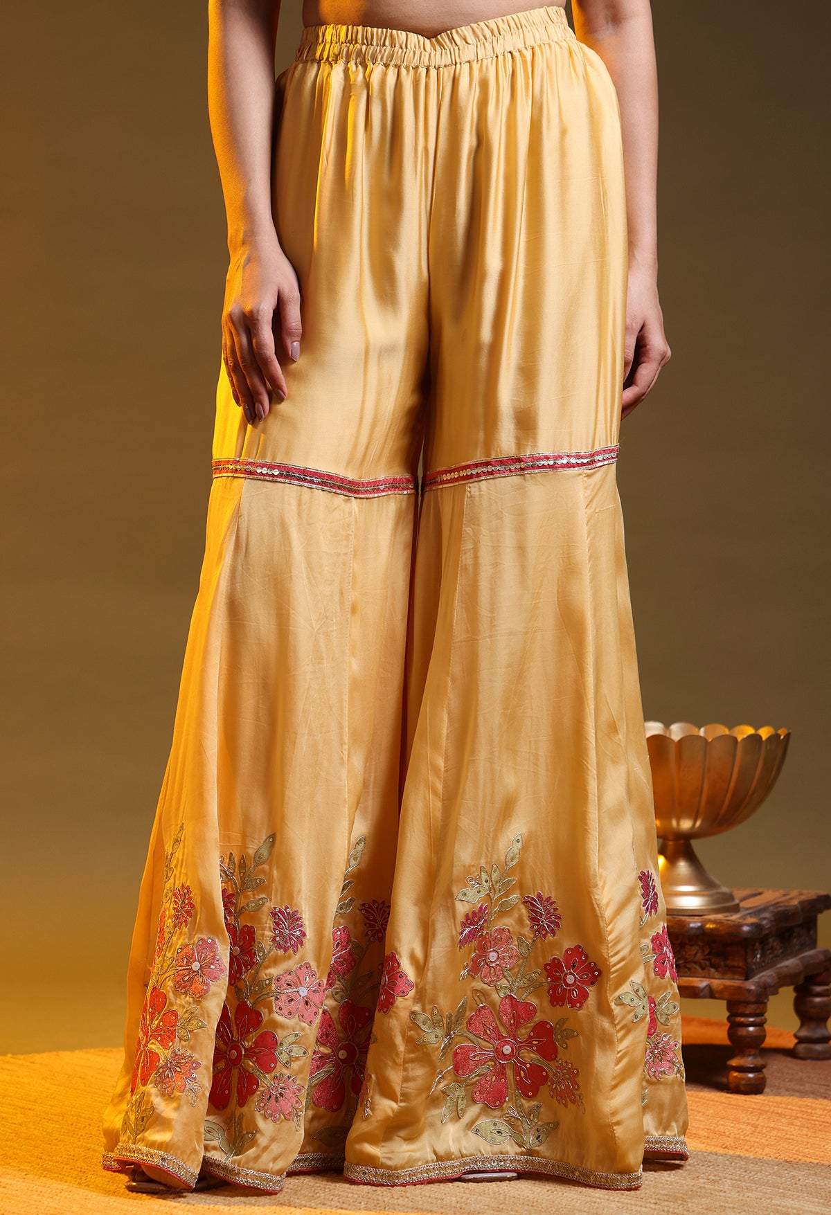 Yellow Crepe & Organza Zardozi–Sequin–Handpaint Sharara Set