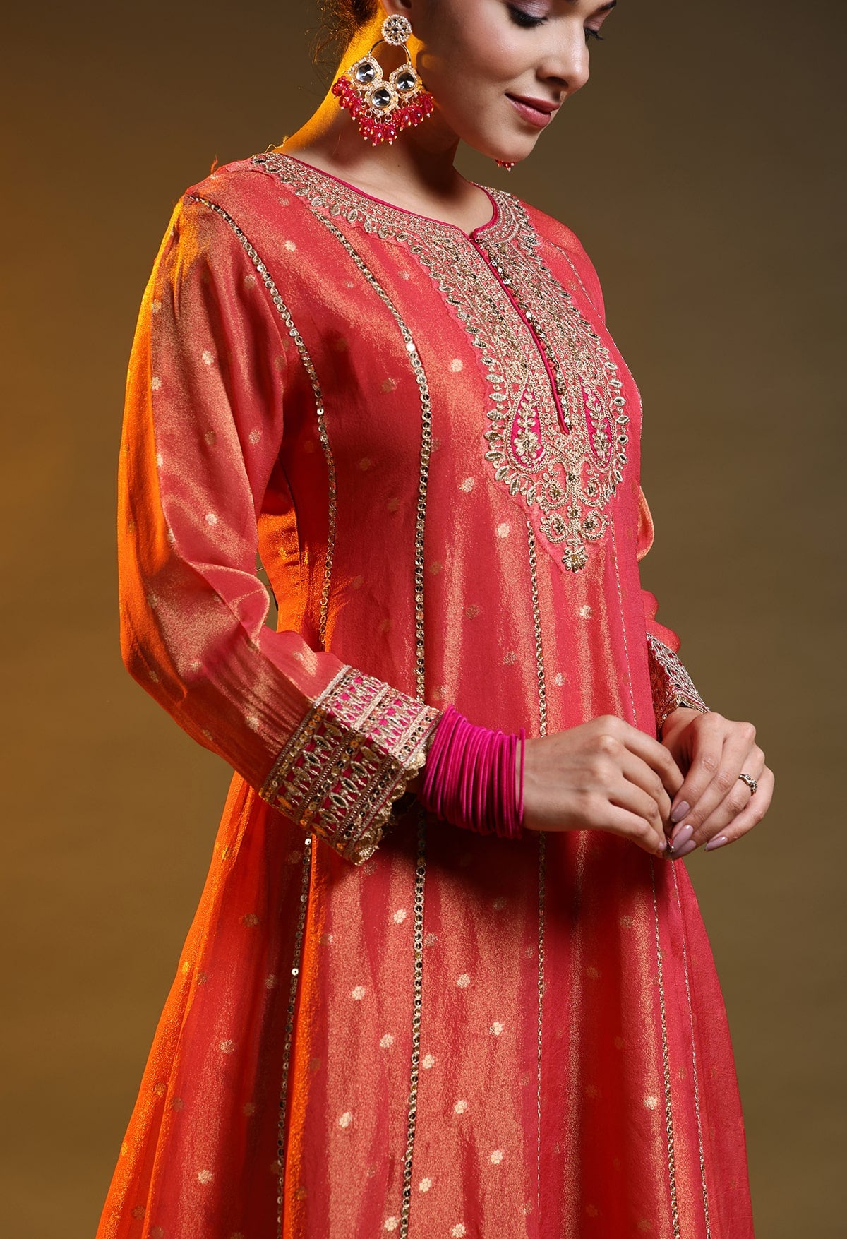 Pinkish Orange Tissue Silk & Banarasi Silk Zardozi–Sequin–Applique Anarkali Set