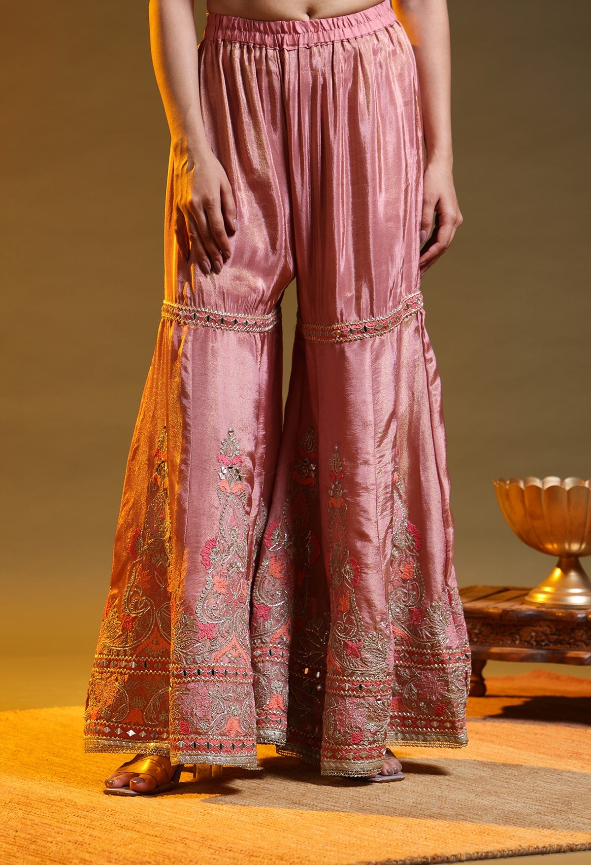 Dark Peach Tissue Silk & Organza Thread–Zardozi–Gotta Sharara Set