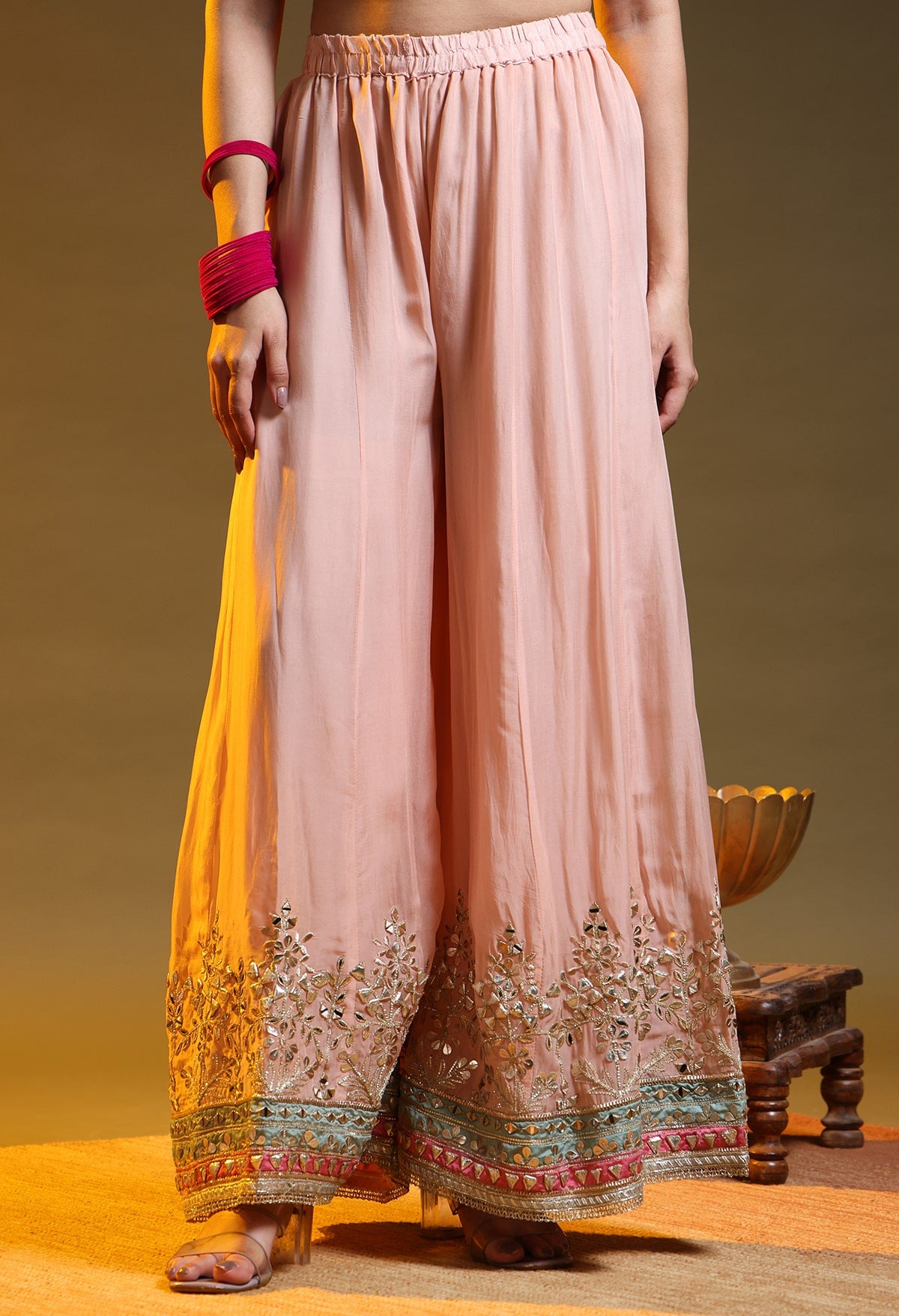 Peach Pink Organza Gotta–Mirror–Zardozi–Applique Sharara Set