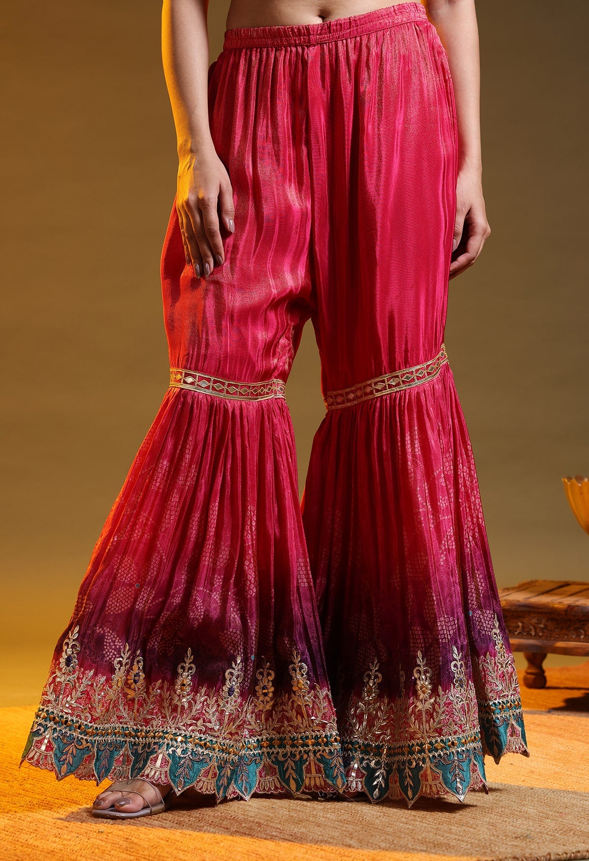Hot Pink Tissue Crepe Gotta–Thread–Zardozi Gharara Set