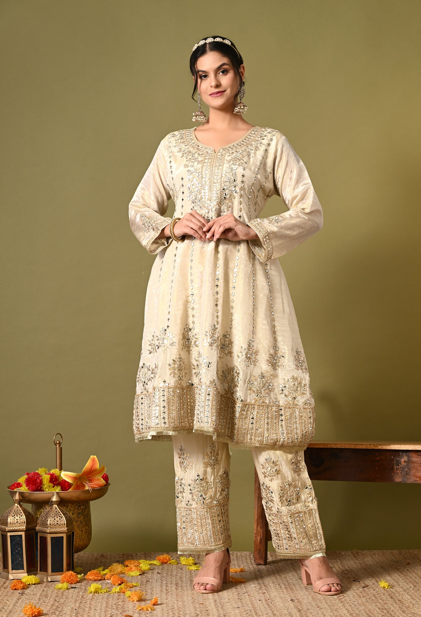 Special Cream Kurta Set with Gotta and Zardozi Work