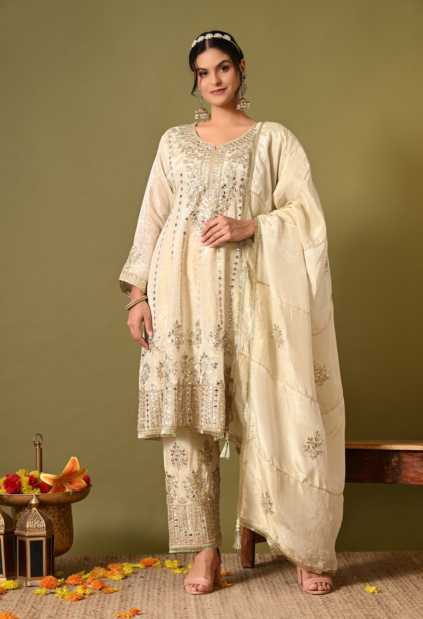 Special Cream Kurta Set with Gotta and Zardozi Work
