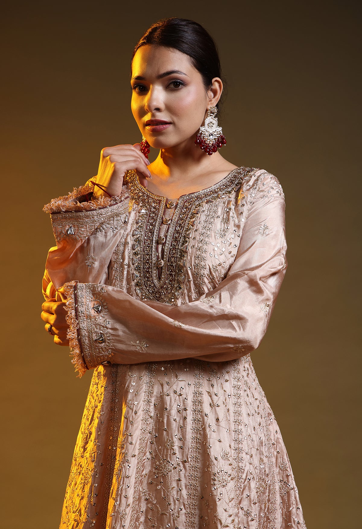 Golden Brown Crepe Silk & Organza Gotta–Sequence–Zardozi–Mirror Anarkali Set