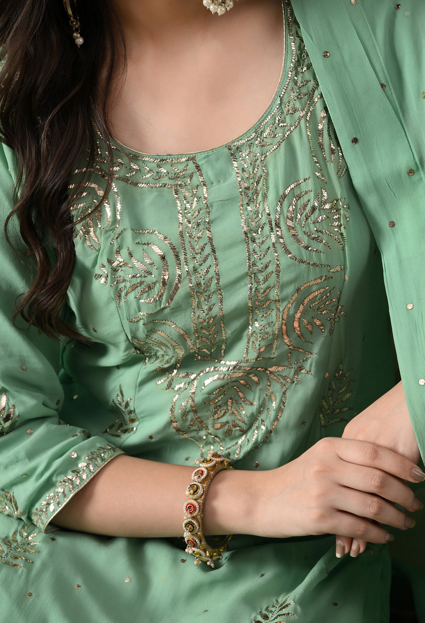 Light Green Georgette & Crepe Mukaish Kurta Set