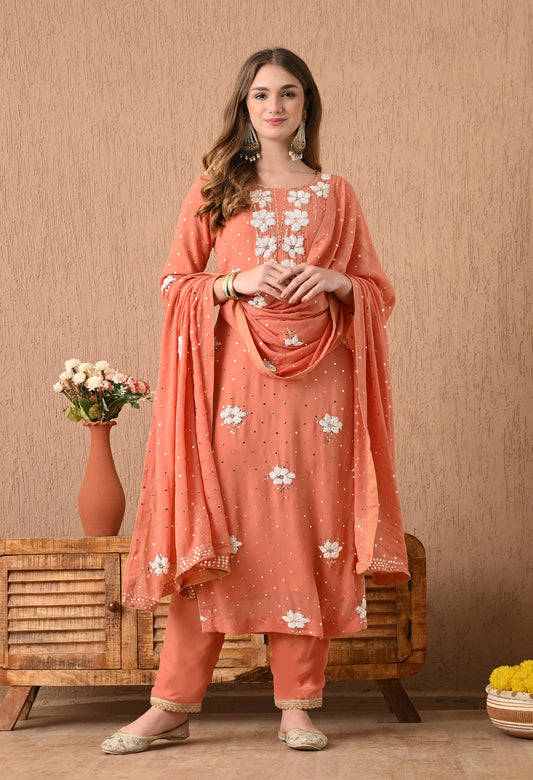 Gracious Dark Peach Kurta Set with Mukaish, Zardozi, Pearl, and Sequin Work