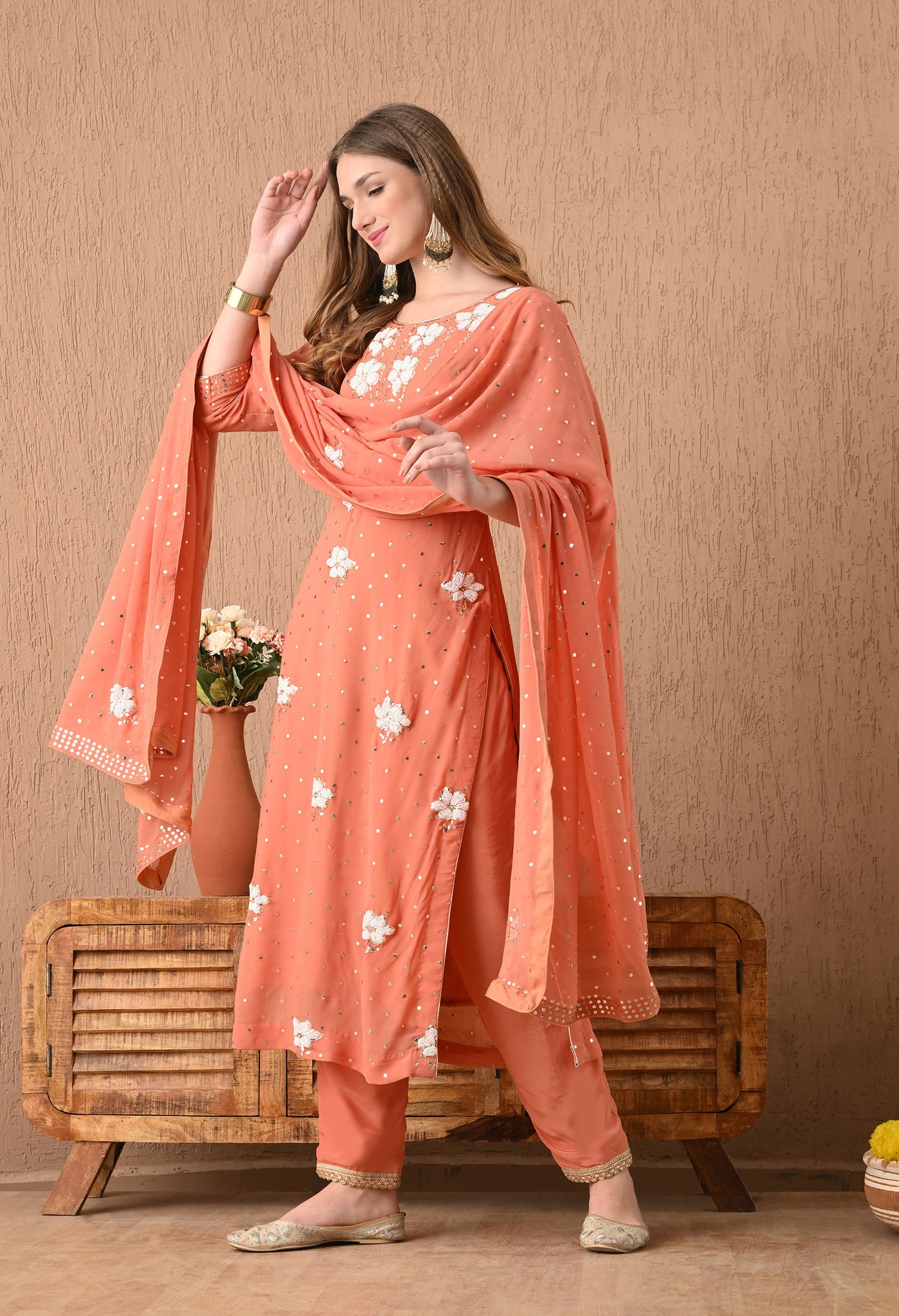 Gracious Dark Peach Kurta Set with Mukaish, Zardozi, Pearl, and Sequin Work