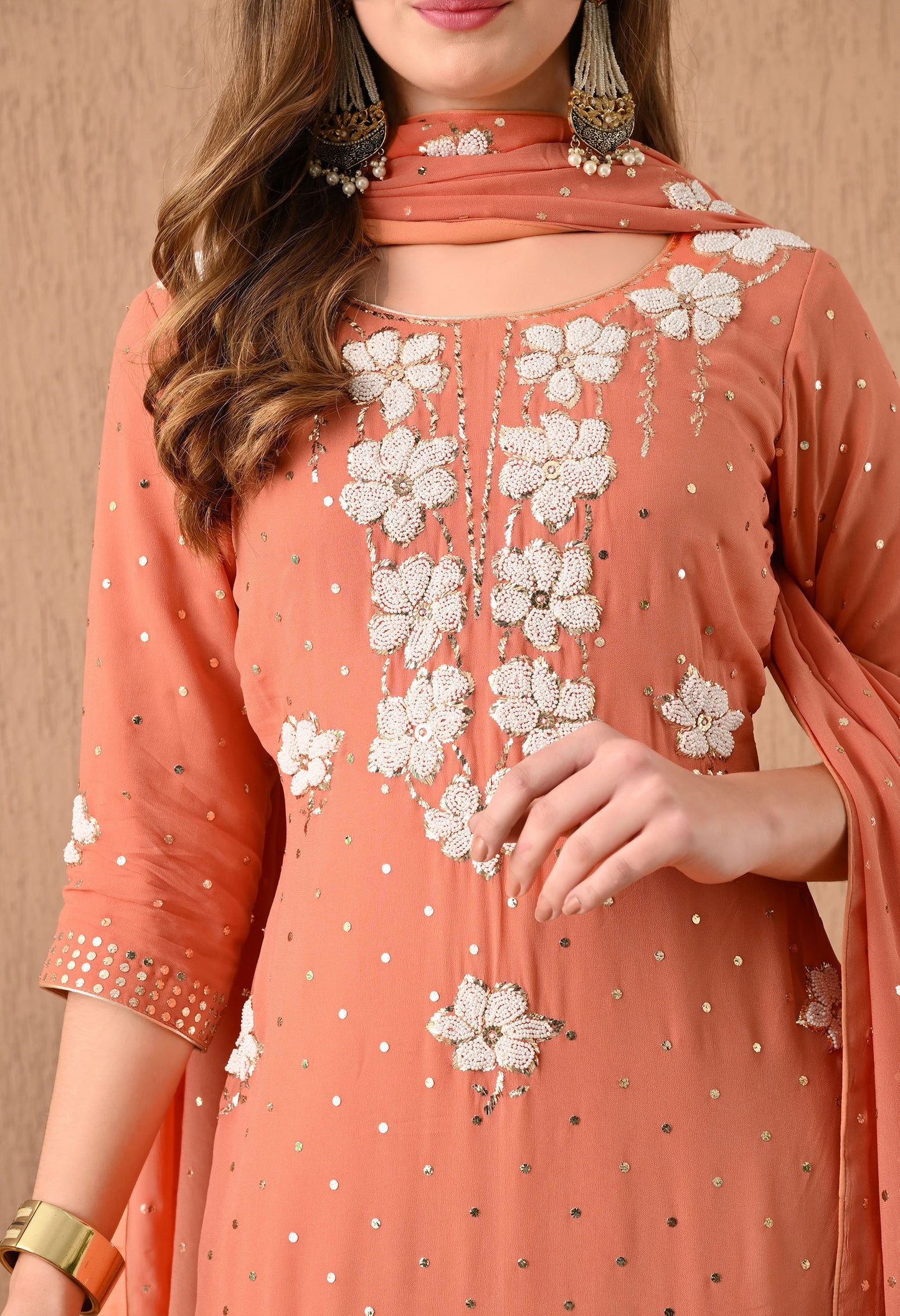 Gracious Dark Peach Kurta Set with Mukaish, Zardozi, Pearl, and Sequin Work