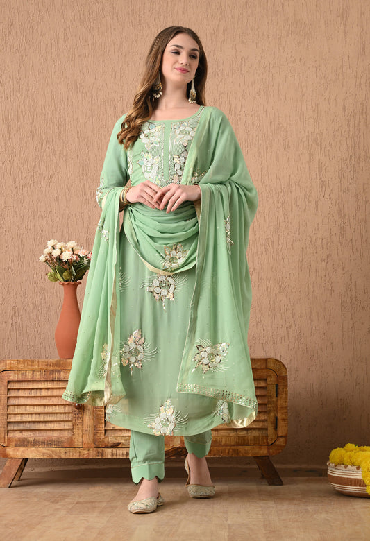 Gracious Light Green Kurta Set with Mukaish, Pearl, Zardozi, and Sequin Work