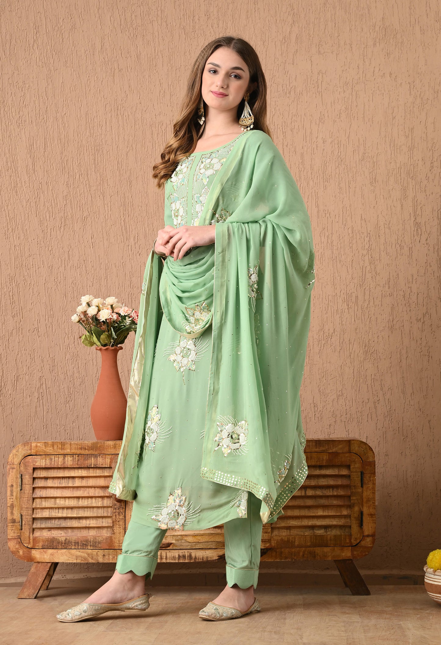 Gracious Light Green Kurta Set with Mukaish, Pearl, Zardozi, and Sequin Work