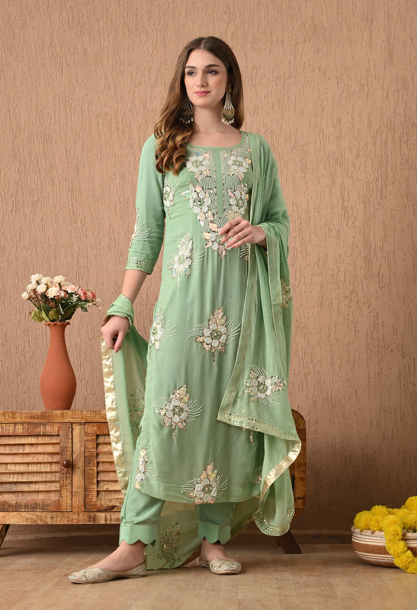 Gracious Light Green Kurta Set with Mukaish, Pearl, Zardozi, and Sequin Work