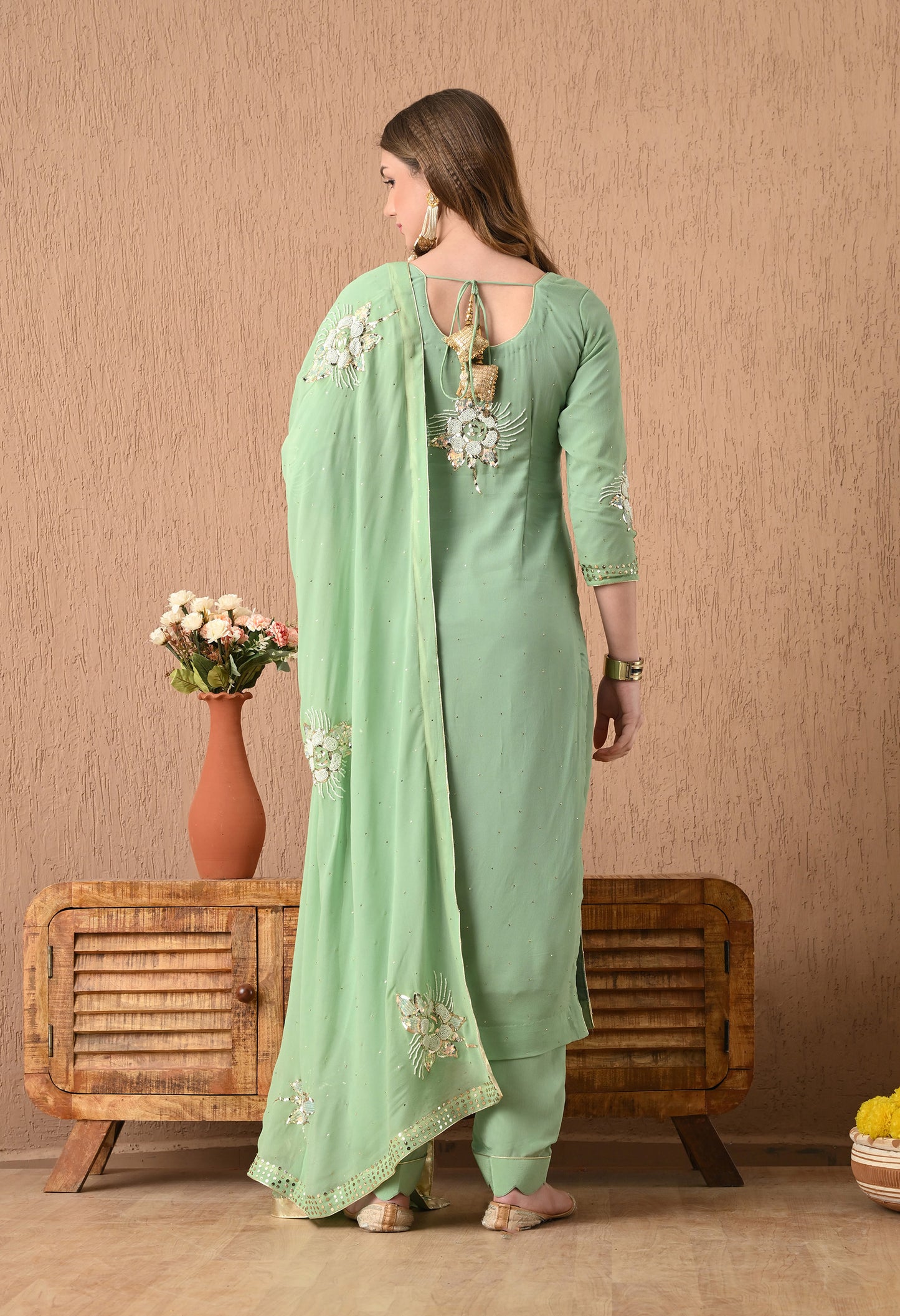 Gracious Light Green Kurta Set with Mukaish, Pearl, Zardozi, and Sequin Work