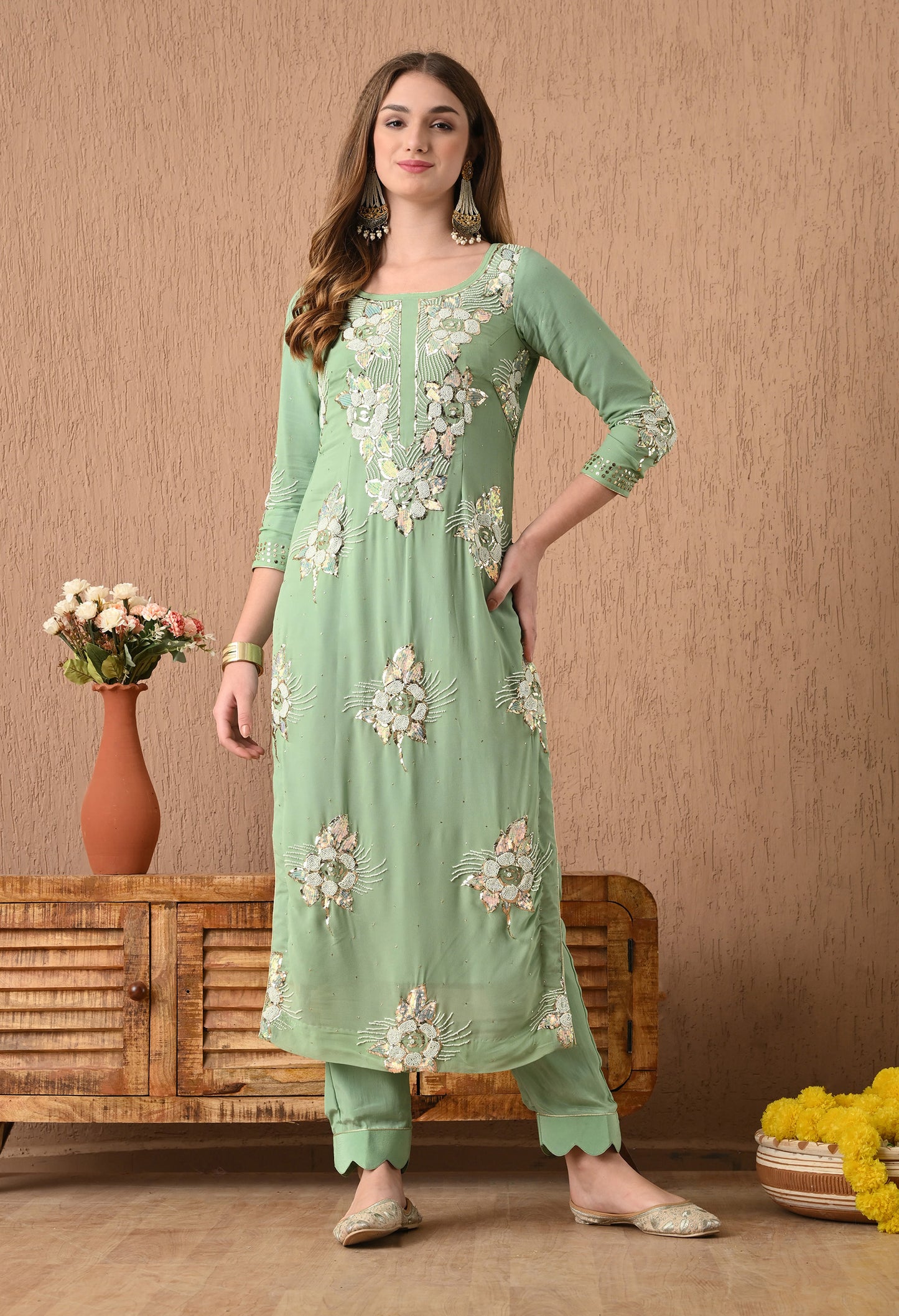 Gracious Light Green Kurta Set with Mukaish, Pearl, Zardozi, and Sequin Work