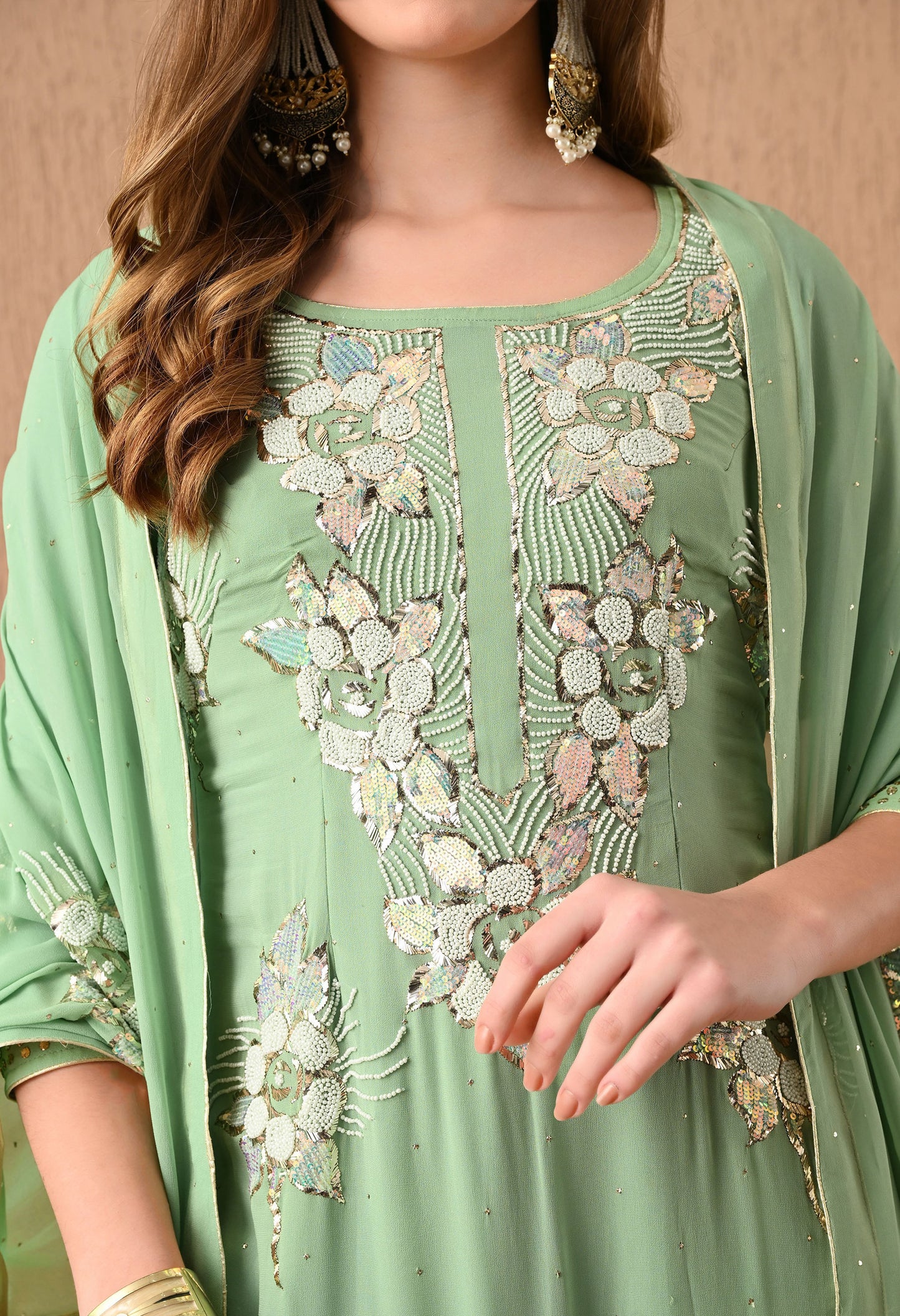 Gracious Light Green Kurta Set with Mukaish, Pearl, Zardozi, and Sequin Work