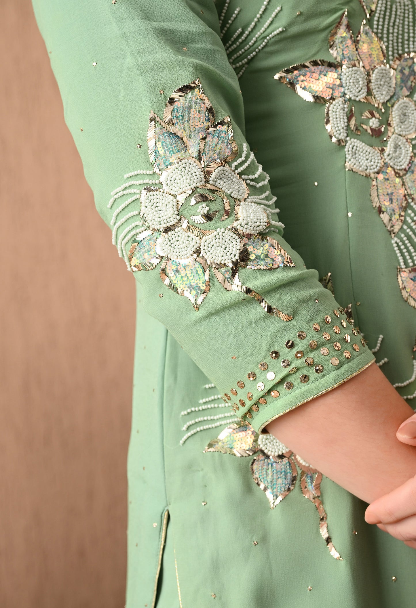 Gracious Light Green Kurta Set with Mukaish, Pearl, Zardozi, and Sequin Work