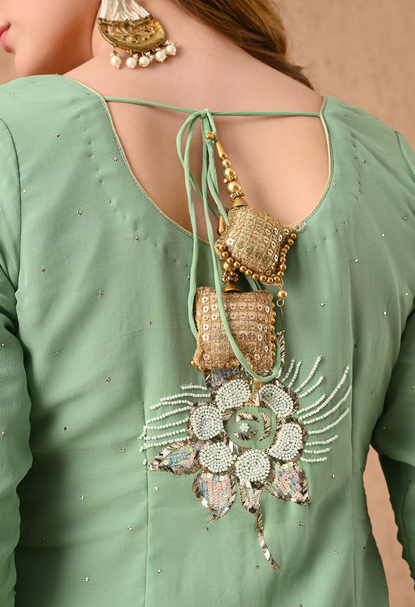 Gracious Light Green Kurta Set with Mukaish, Pearl, Zardozi, and Sequin Work