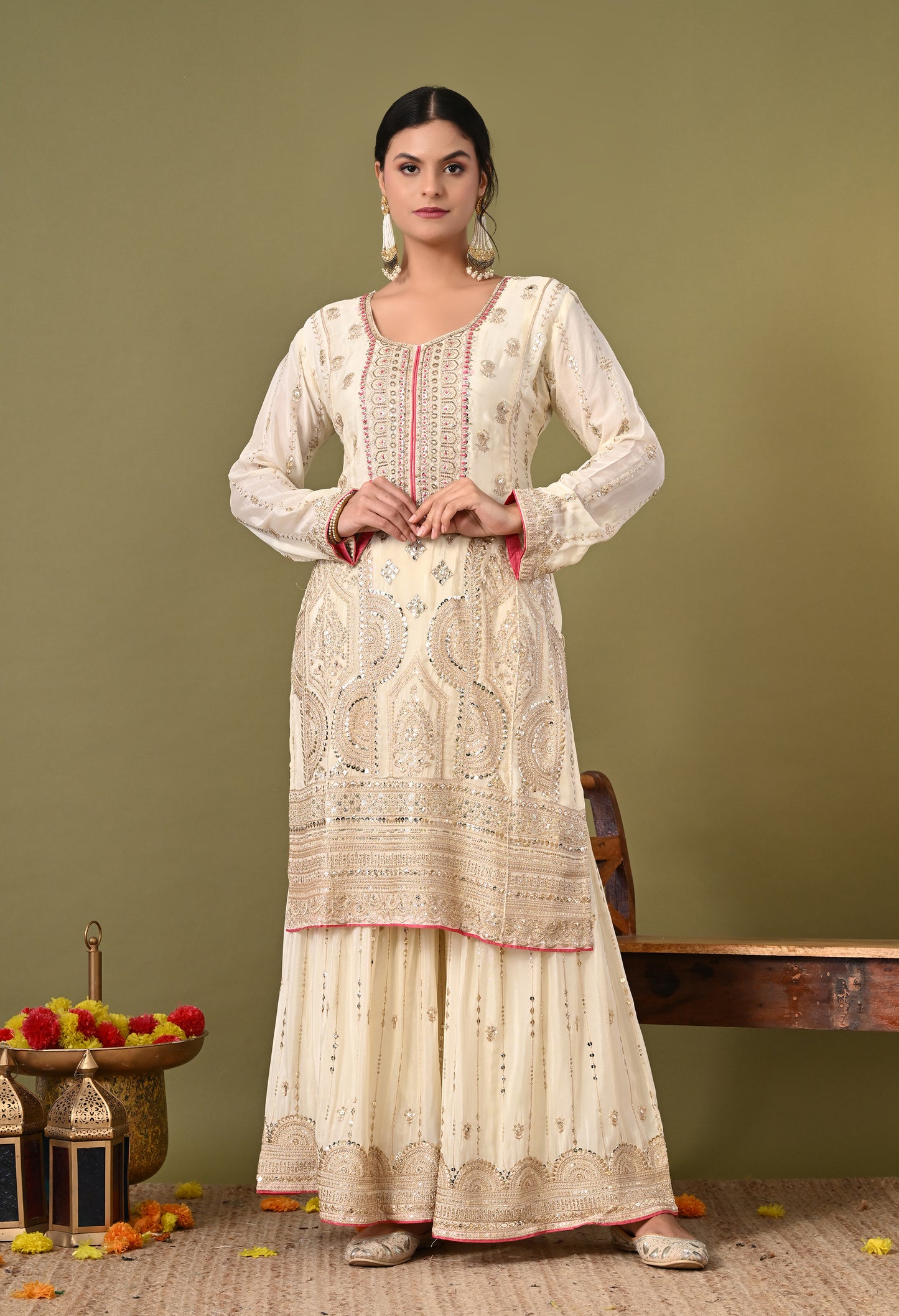 Mesmerising Cream Sharara Set with Thread, Zardozi, and Sequence Work