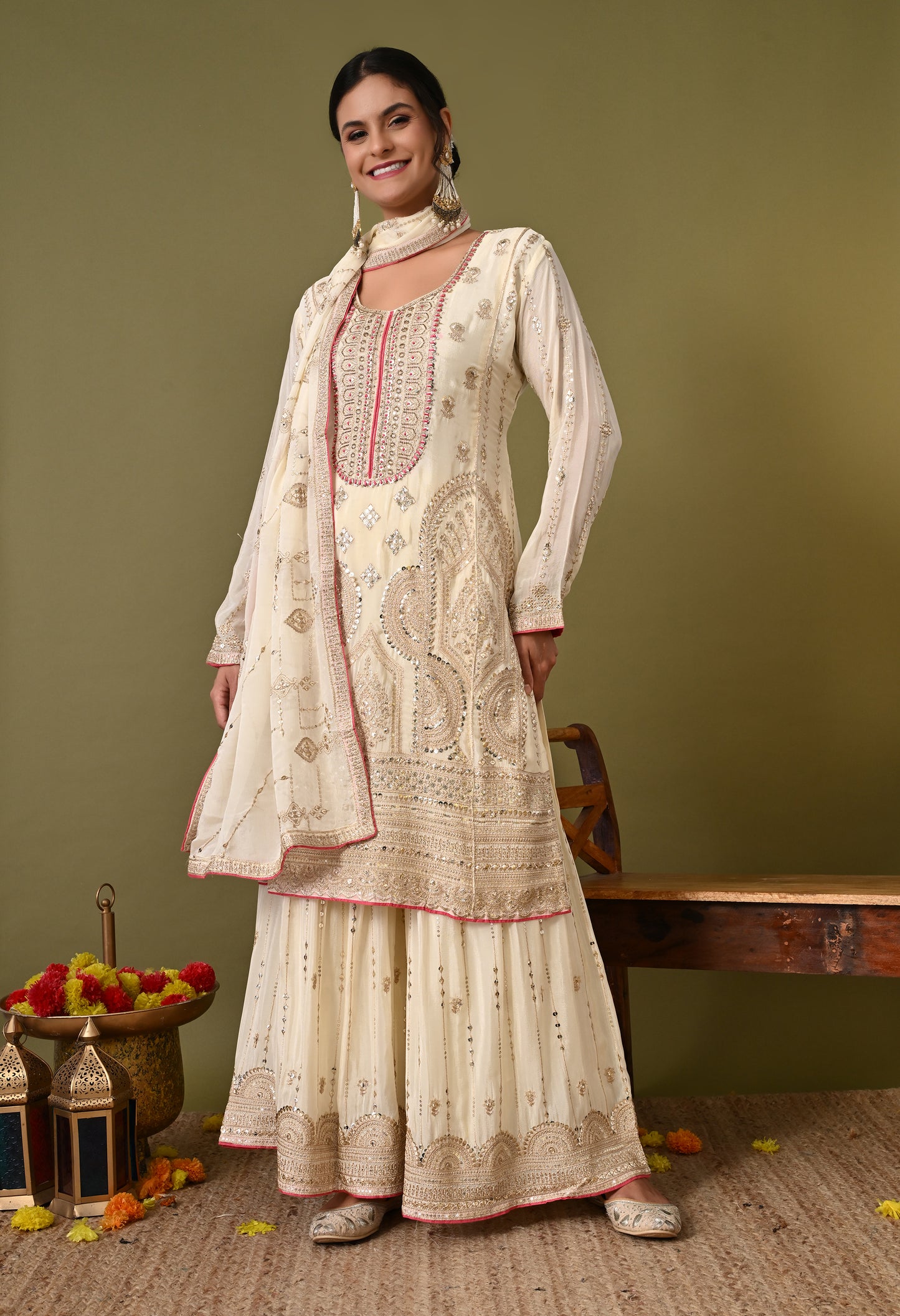 Mesmerising Cream Sharara Set with Thread, Zardozi, and Sequence Work