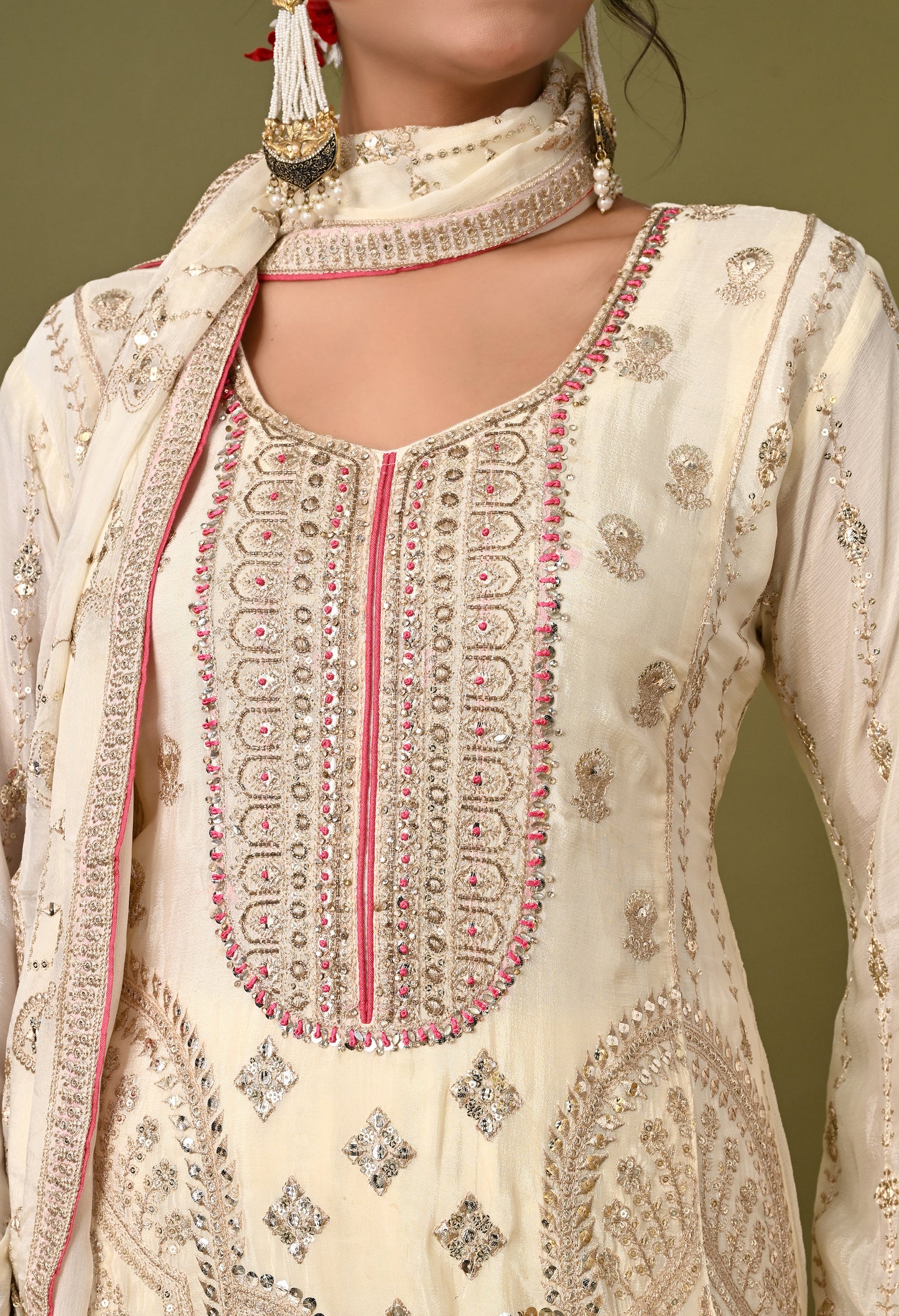 Mesmerising Cream Sharara Set with Thread, Zardozi, and Sequence Work