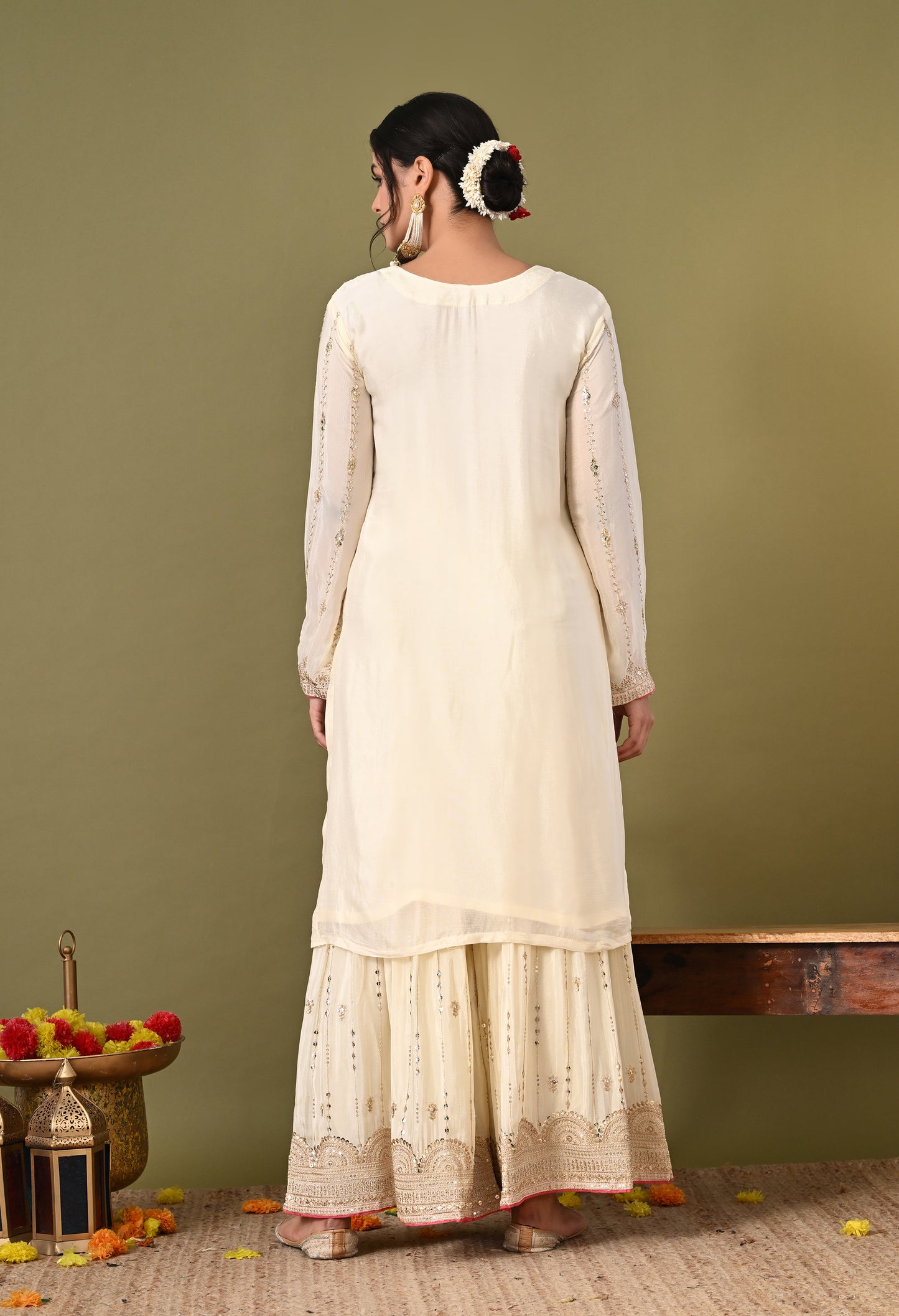 Mesmerising Cream Sharara Set with Thread, Zardozi, and Sequence Work