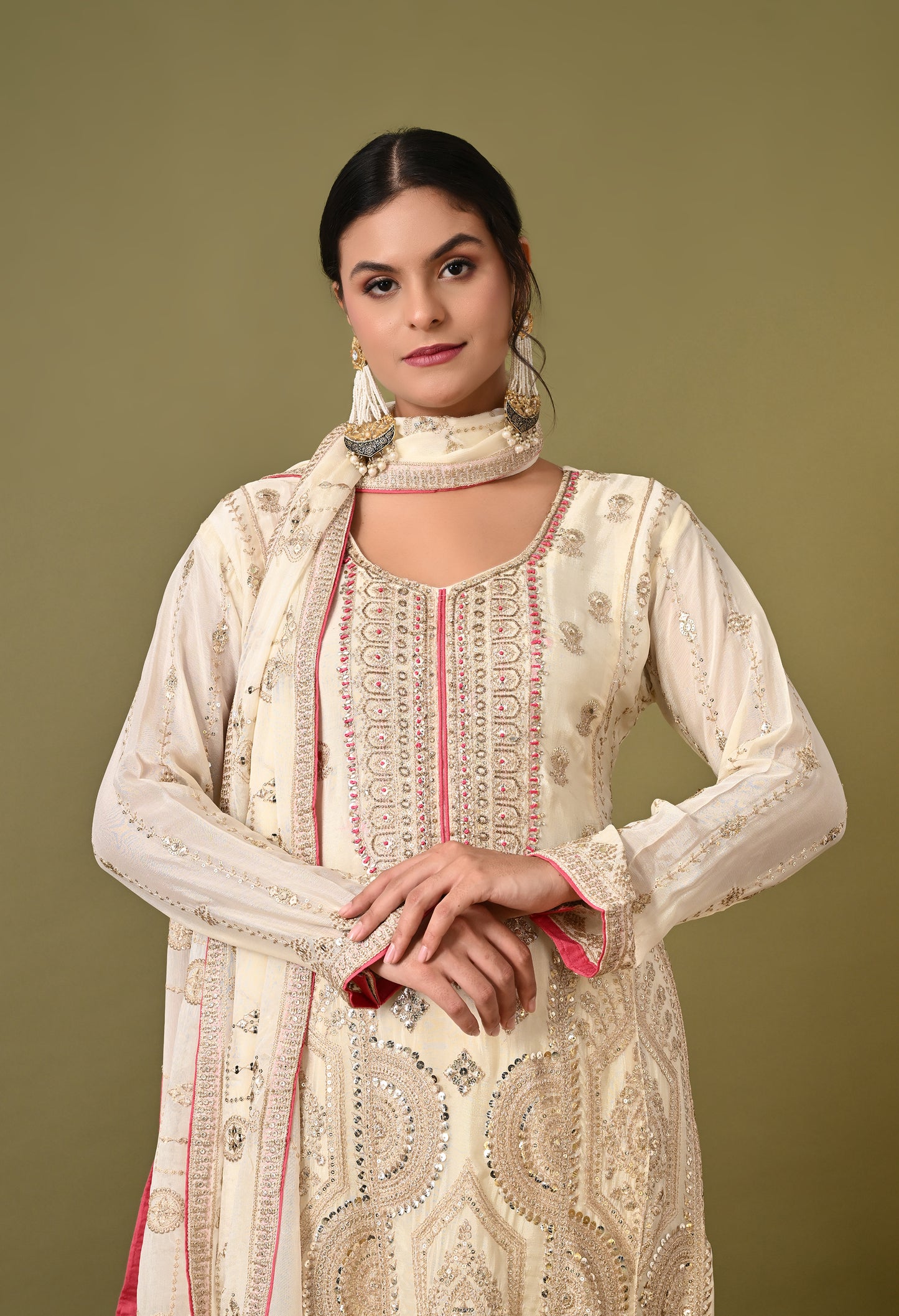Mesmerising Cream Sharara Set with Thread, Zardozi, and Sequence Work