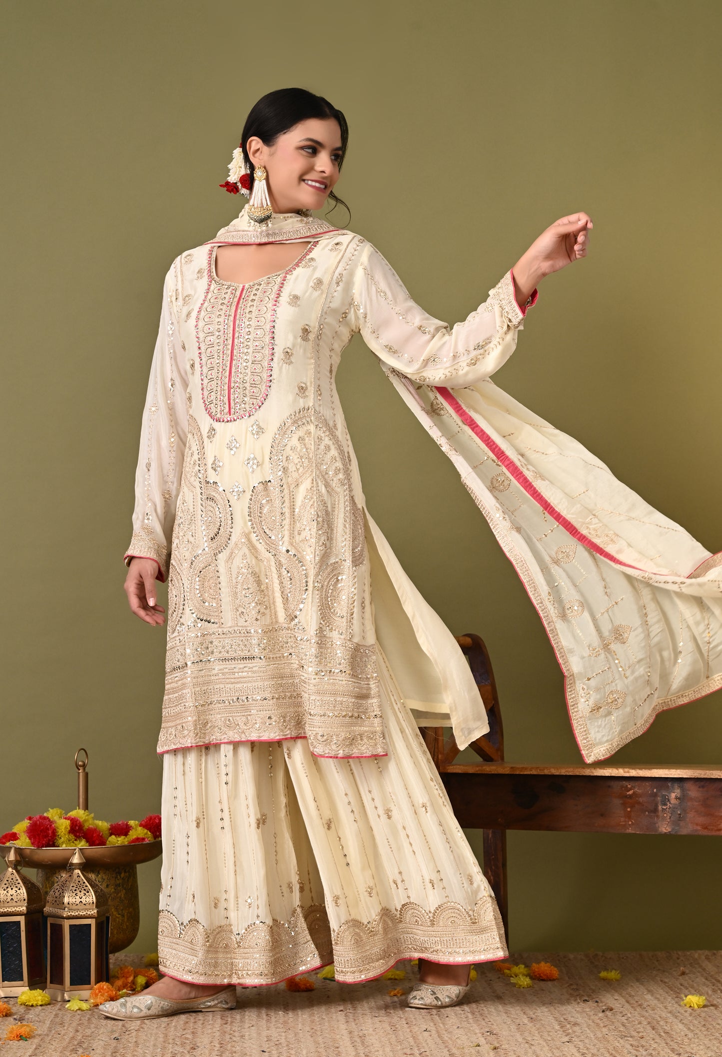 Mesmerising Cream Sharara Set with Thread, Zardozi, and Sequence Work