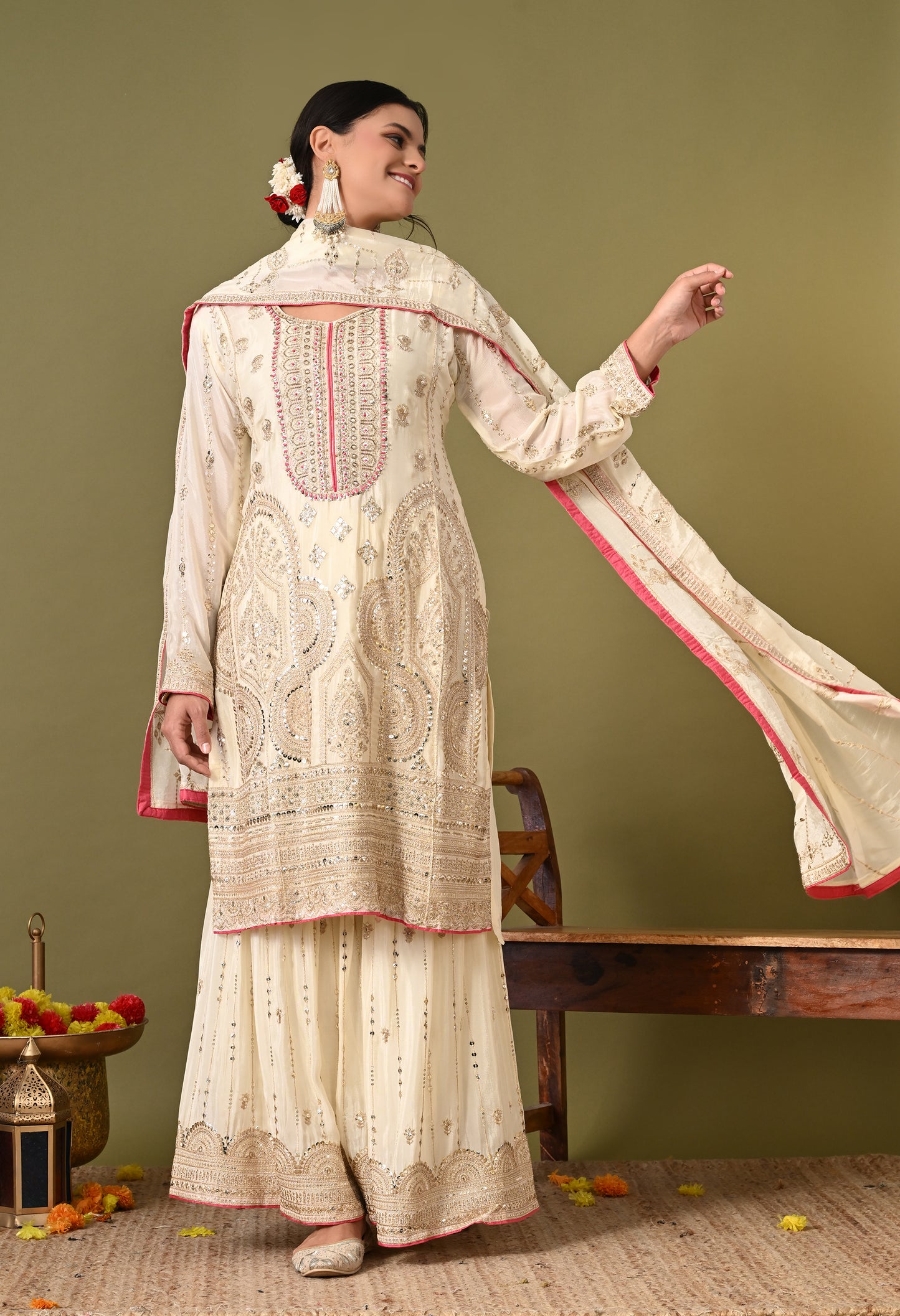 Mesmerising Cream Sharara Set with Thread, Zardozi, and Sequence Work