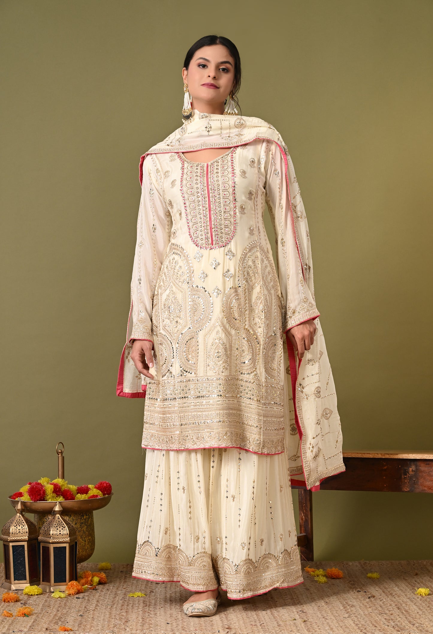 Mesmerising Cream Sharara Set with Thread, Zardozi, and Sequence Work