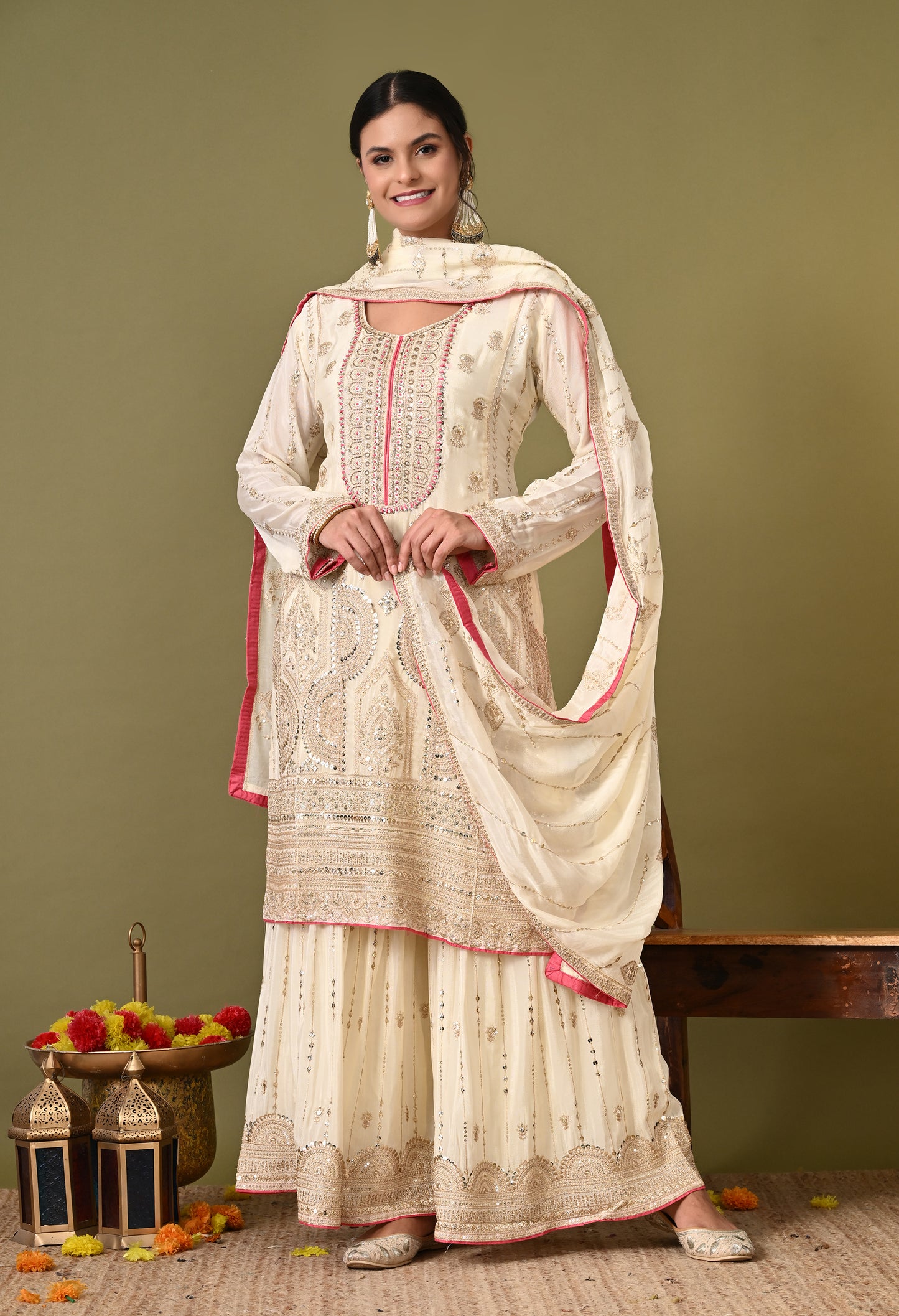 Mesmerising Cream Sharara Set with Thread, Zardozi, and Sequence Work