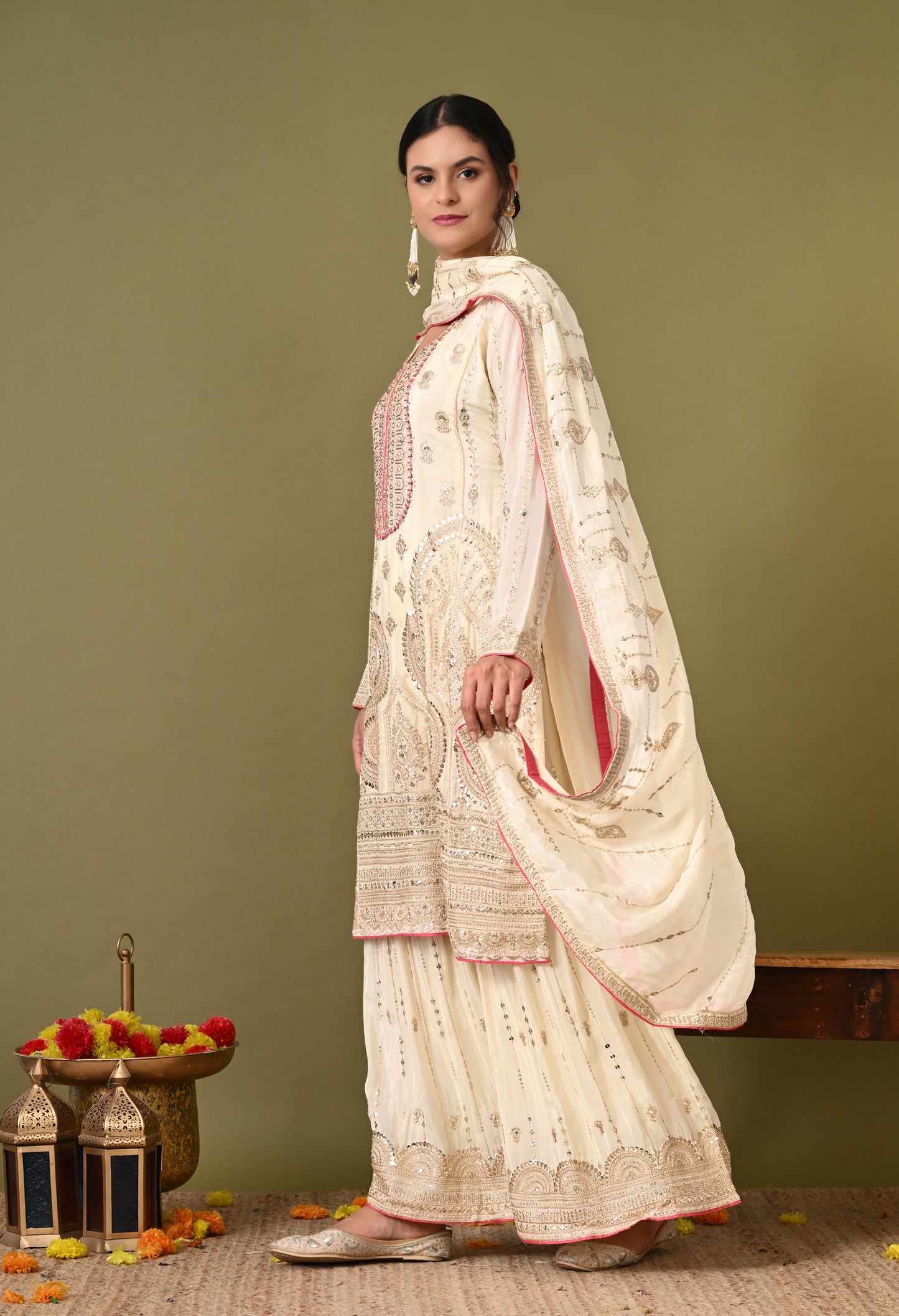 Mesmerising Cream Sharara Set with Thread, Zardozi, and Sequence Work