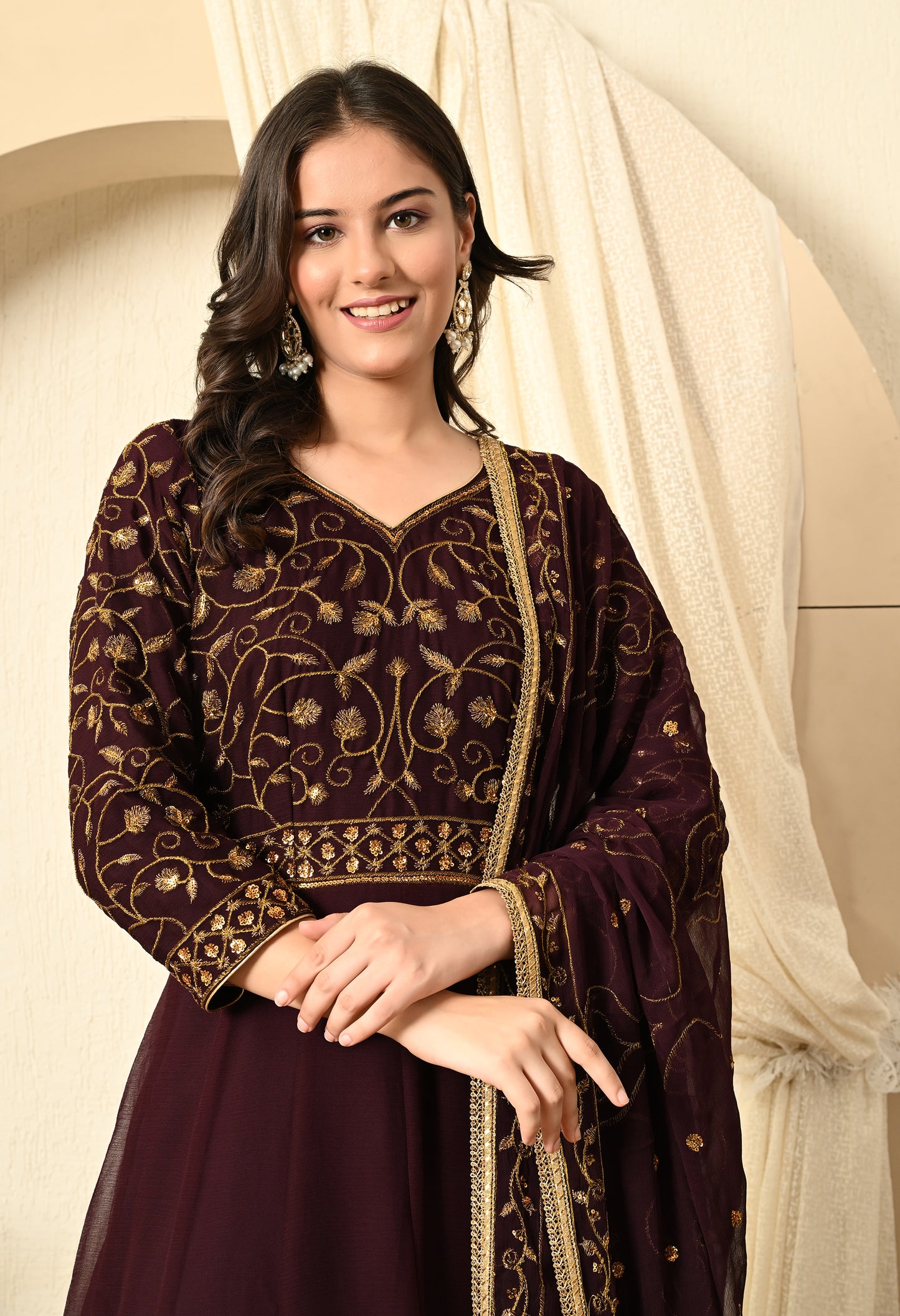 Dark Wine Anarkali  with Zardozi and Sequin Work