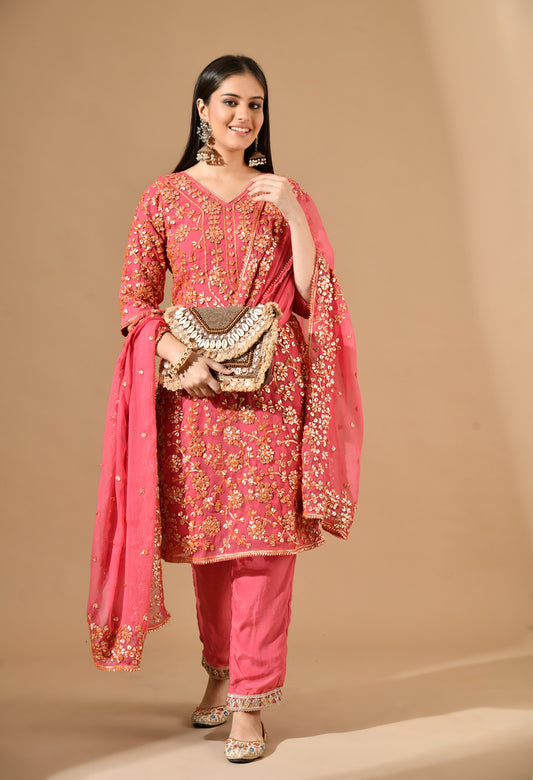 Carrot Pink Chiffon Kurta Set with Gotta Work