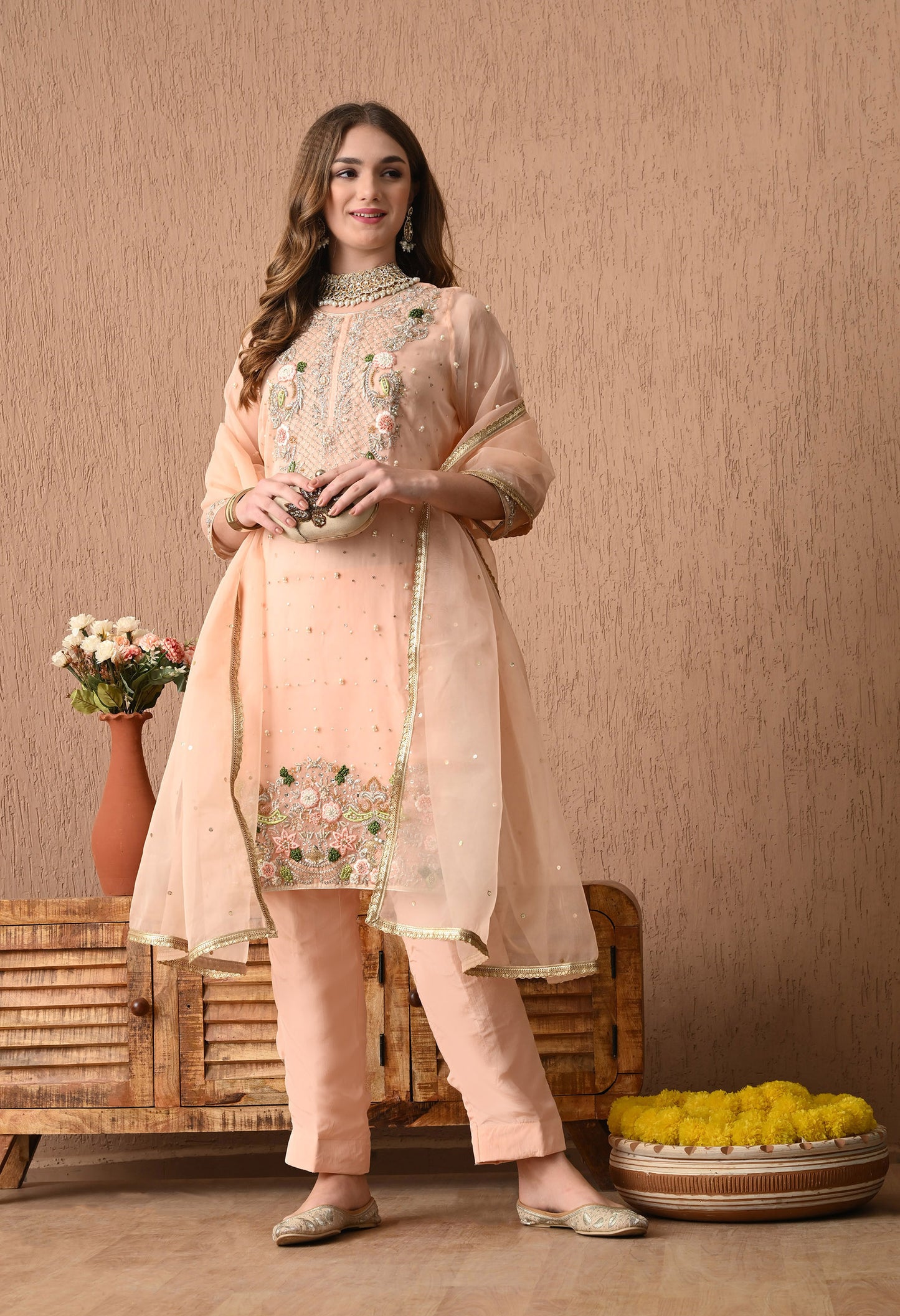 Beautifully Hand Crafted Pinkish Peach Kurta Set with Thread, Zardozi, Sequin, and Pearl Work
