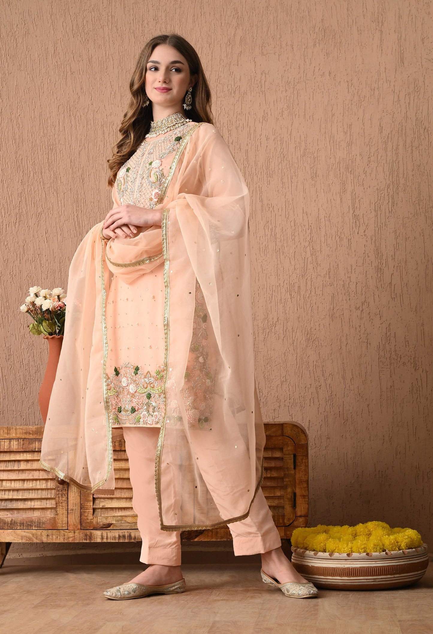 Beautifully Hand Crafted Pinkish Peach Kurta Set with Thread, Zardozi, Sequin, and Pearl Work