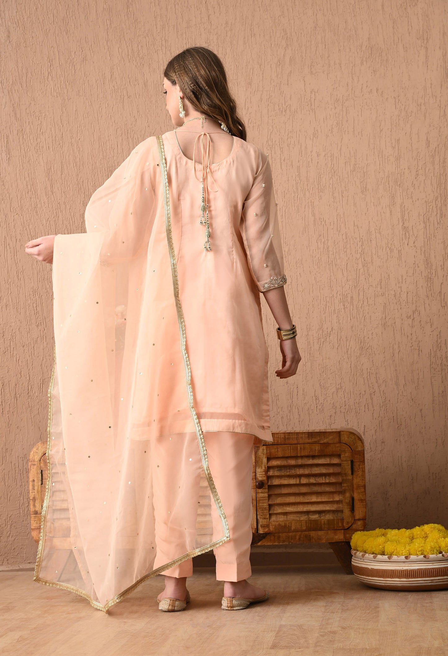 Beautifully Hand Crafted Pinkish Peach Kurta Set with Thread, Zardozi, Sequin, and Pearl Work