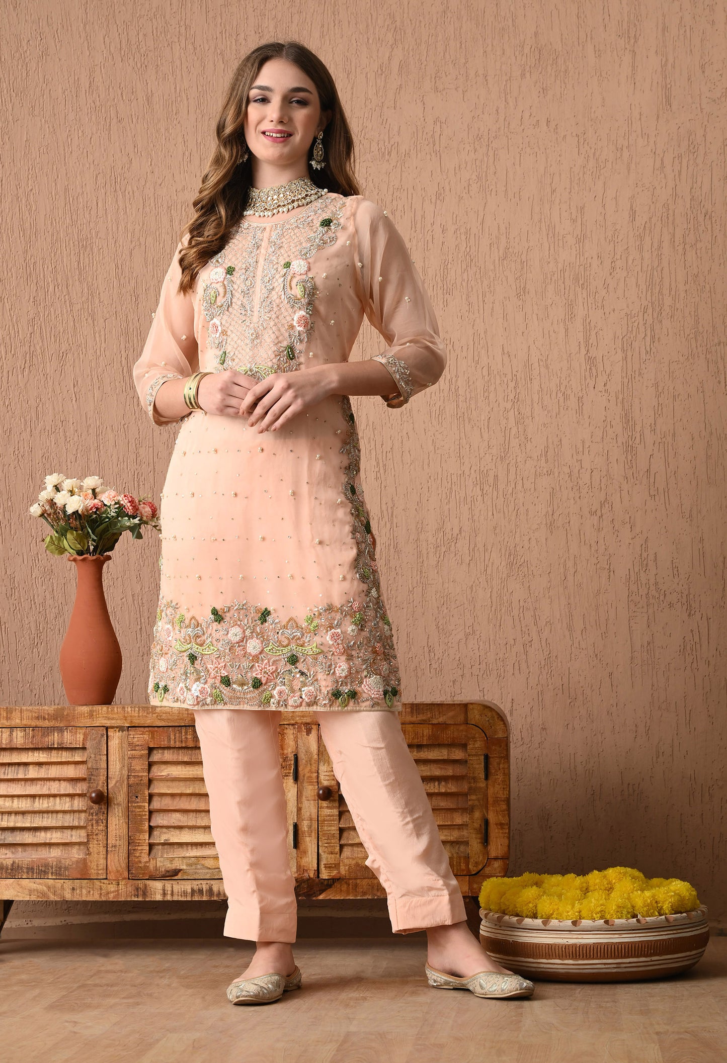 Beautifully Hand Crafted Pinkish Peach Kurta Set with Thread, Zardozi, Sequin, and Pearl Work