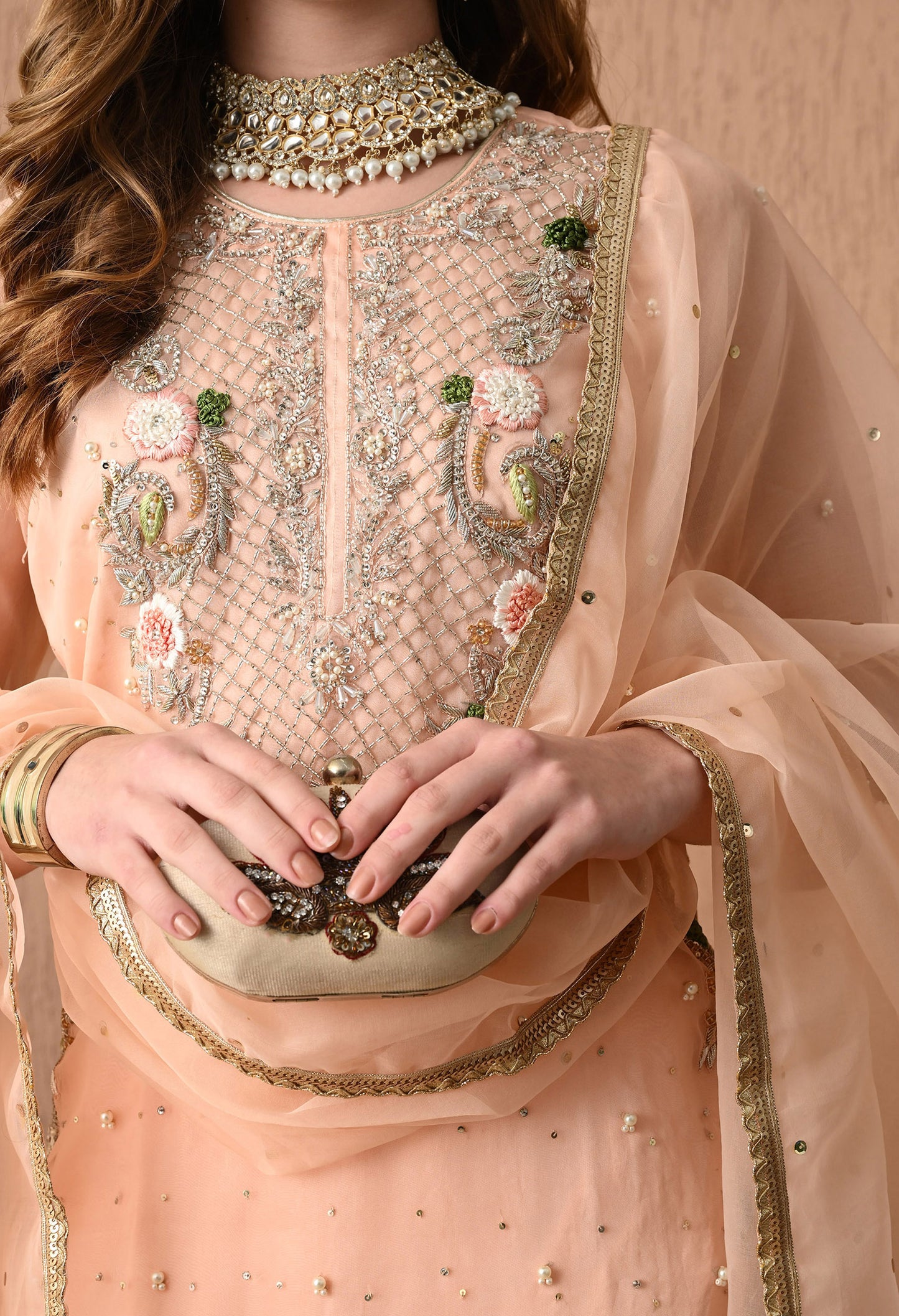 Beautifully Hand Crafted Pinkish Peach Kurta Set with Thread, Zardozi, Sequin, and Pearl Work