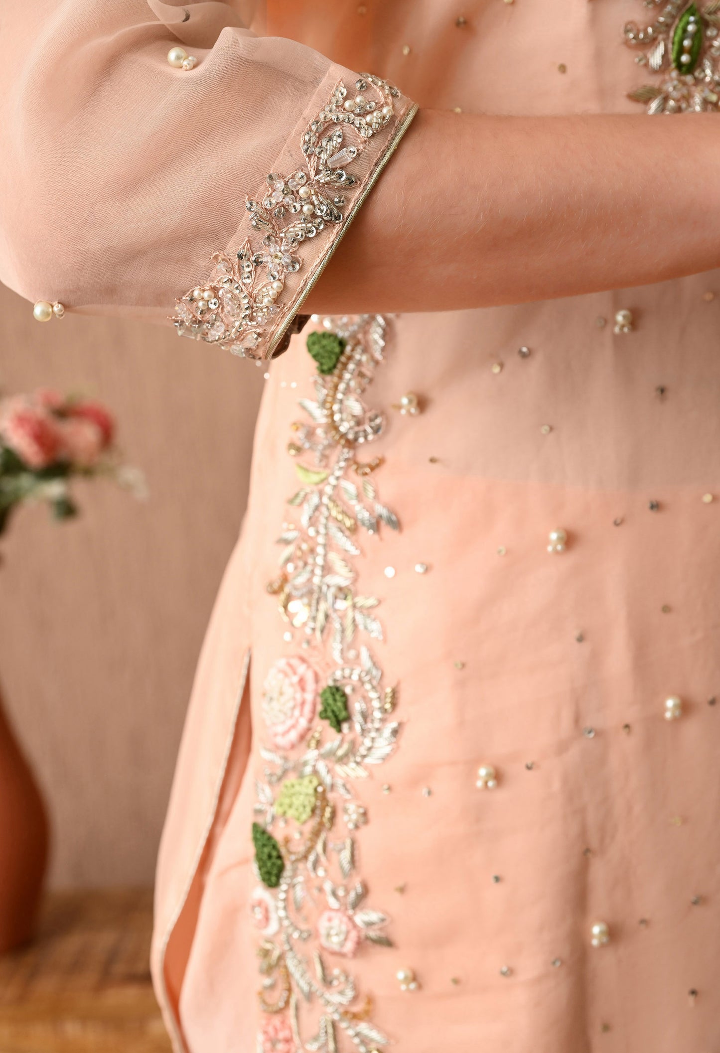Beautifully Hand Crafted Pinkish Peach Kurta Set with Thread, Zardozi, Sequin, and Pearl Work