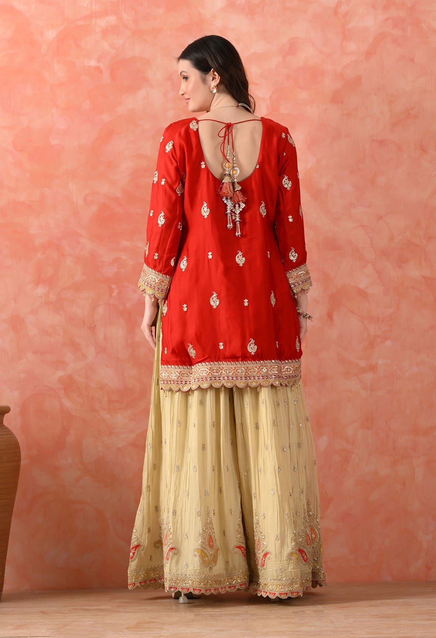 Red Crepe & Chinon Zardozi Sharara Set